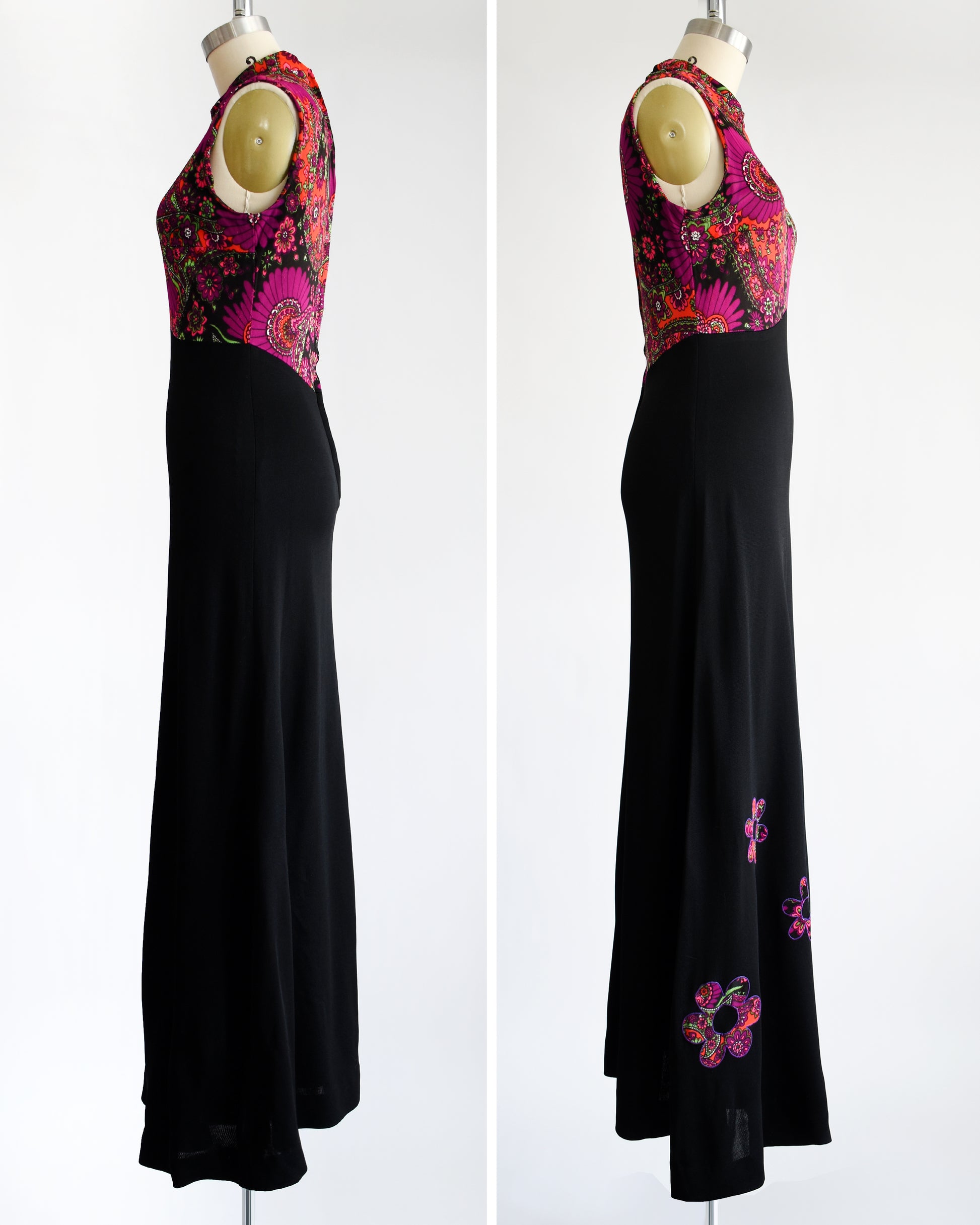 side by side side views of a vintage 1970s psychedelic maxi dress