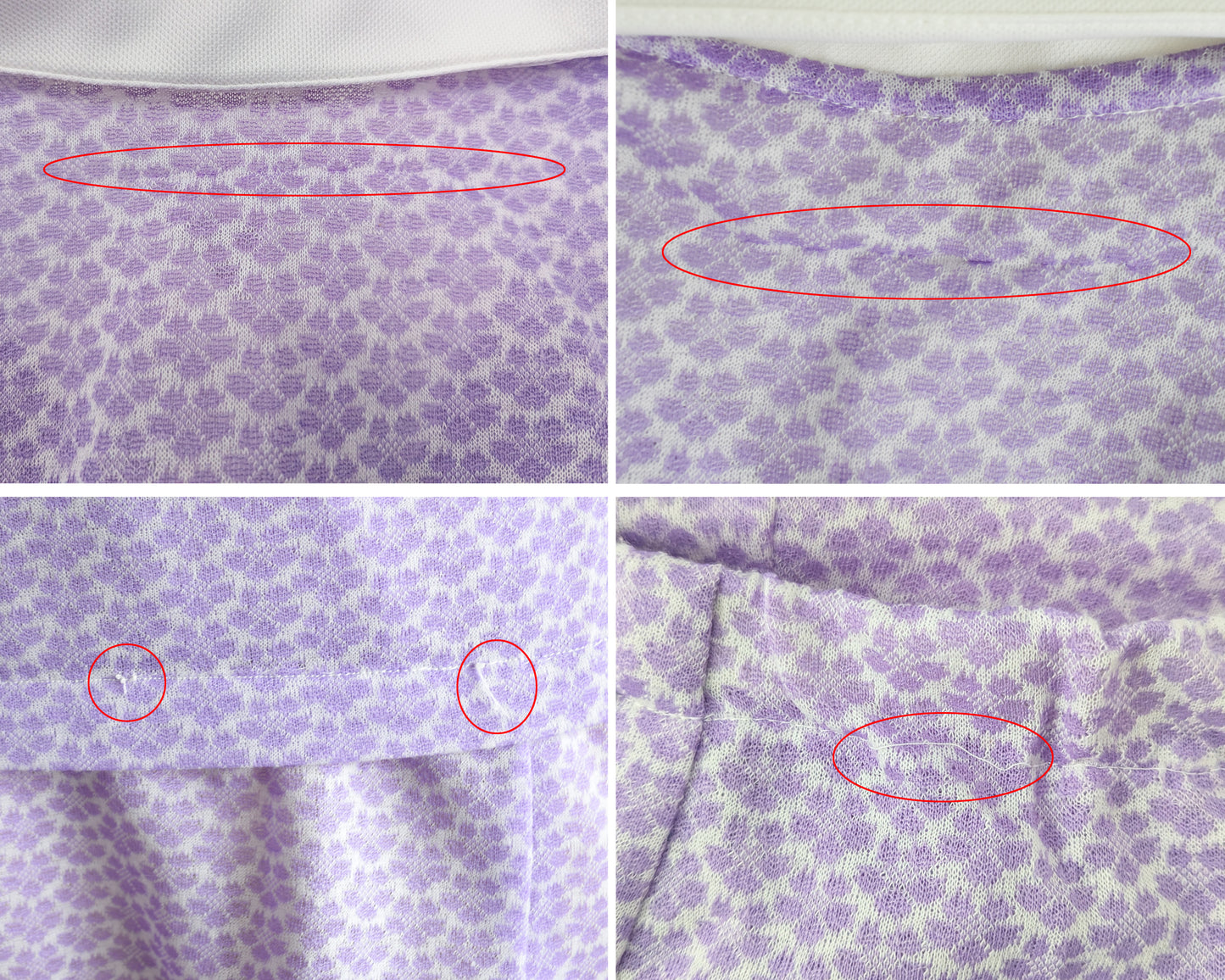 a photo collage of small flaws which include a run on the back of the top as seen in the top two photos. the bottom photos show some misc stitching along the hem of the top and some loose stitching on the elastic waist of the skirt.