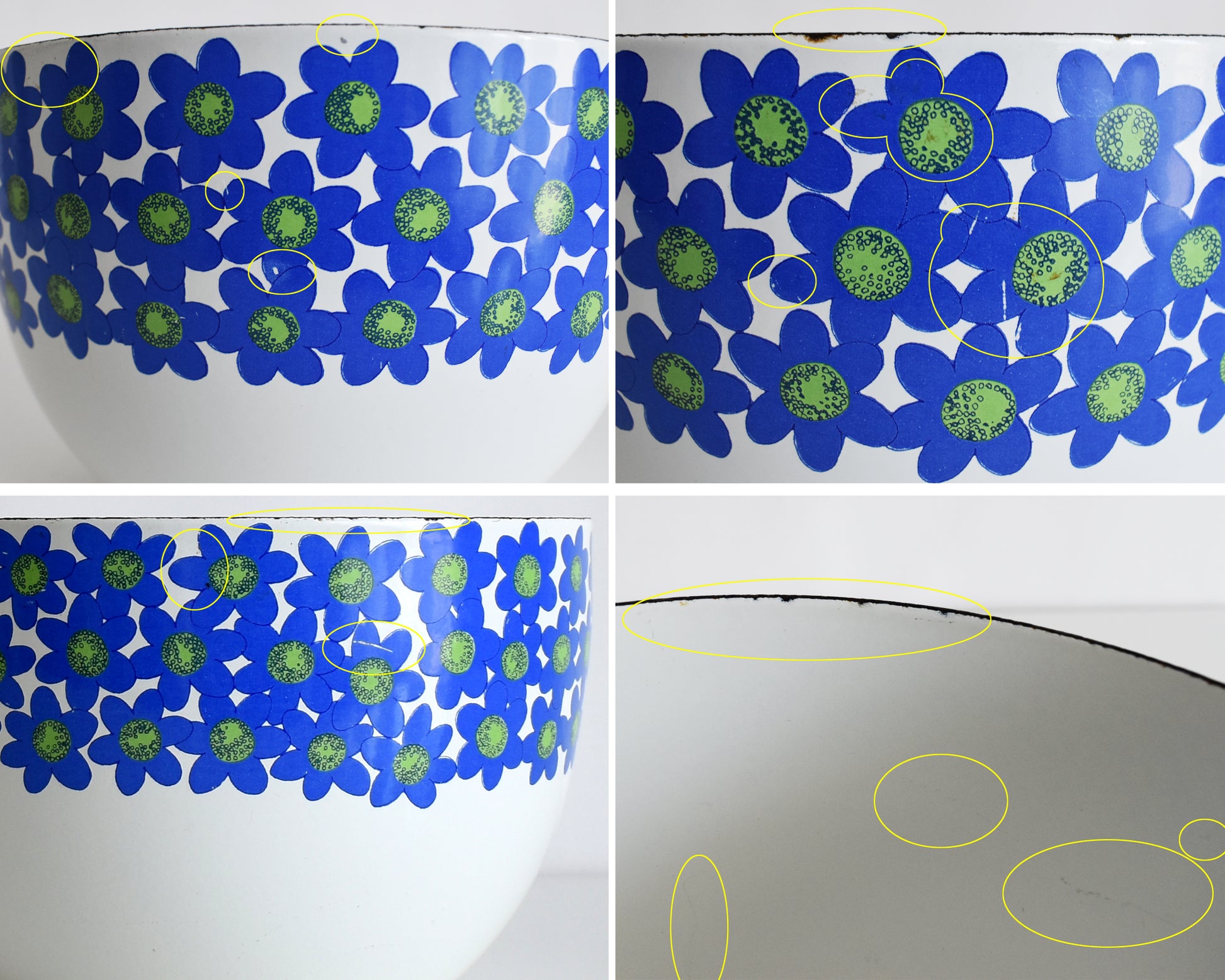 a photo collage of the bowl showing small flaws such as surfaces scratches and small discolored spots