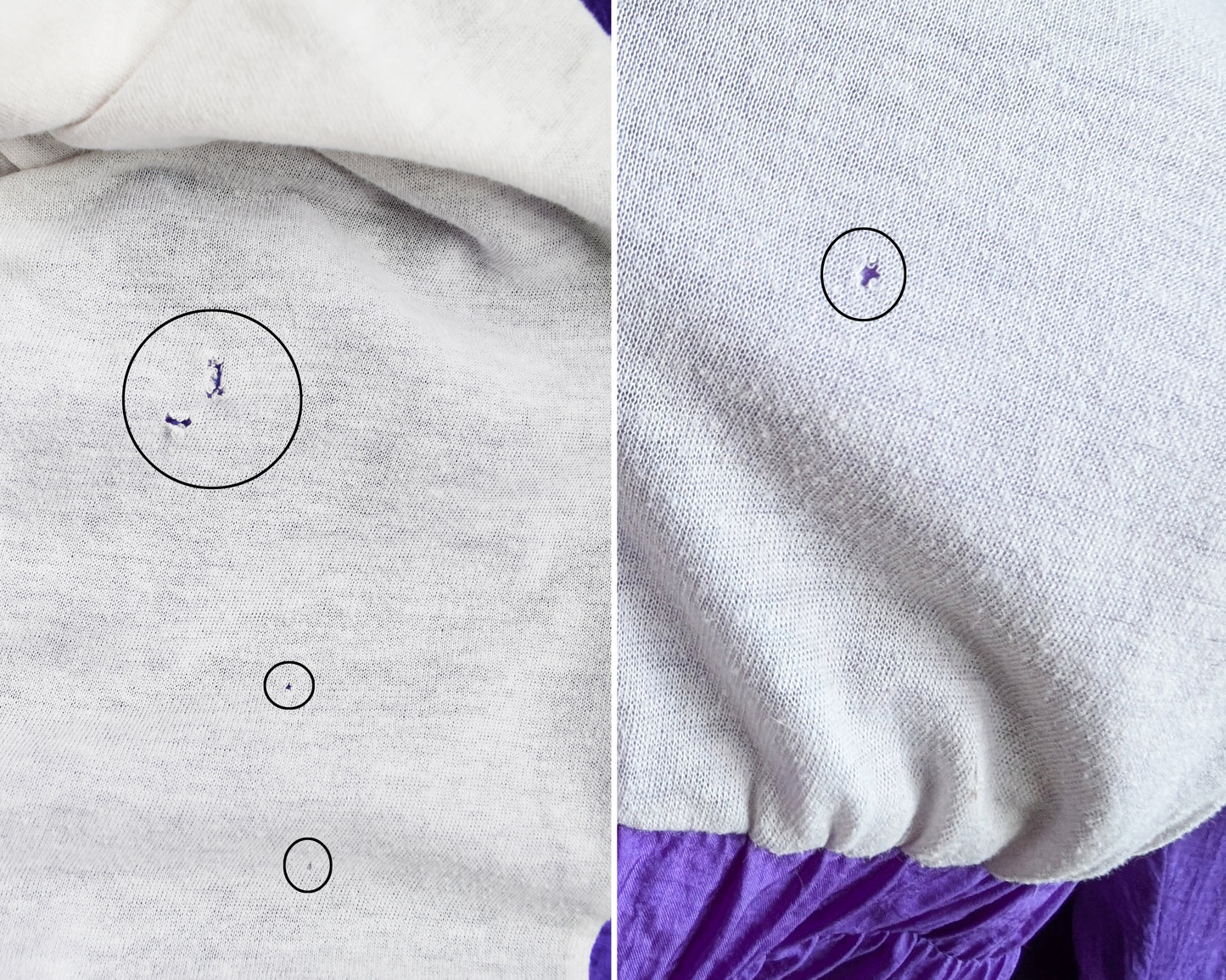 side by side photos of small holes in the lining of the windbreaker