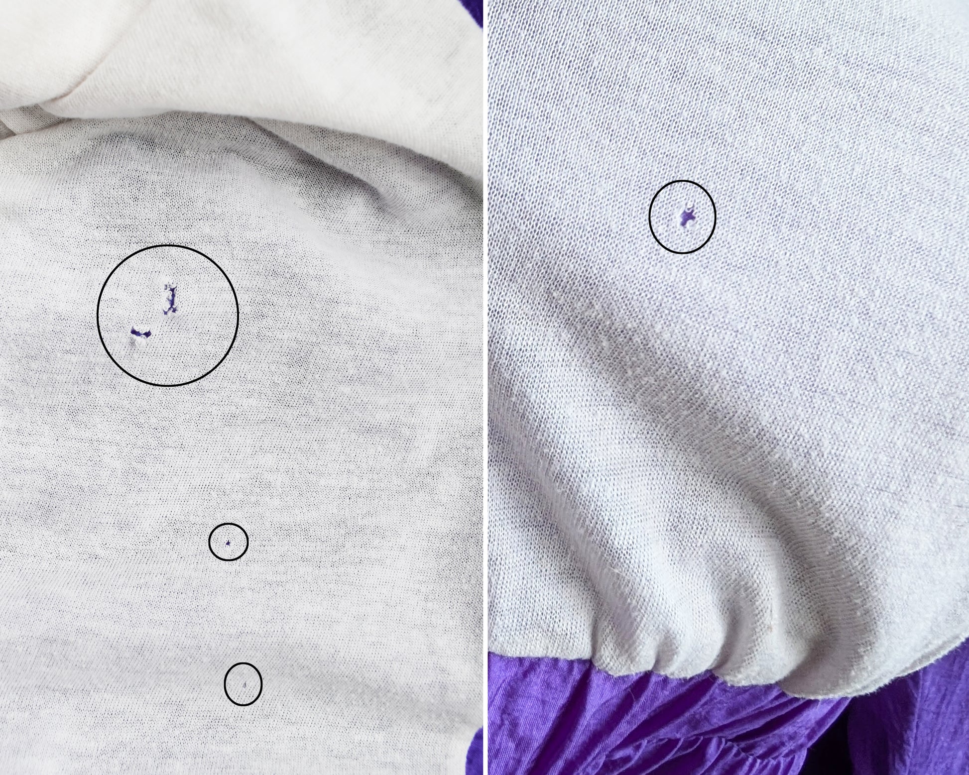 side by side photos of small holes in the lining of the windbreaker