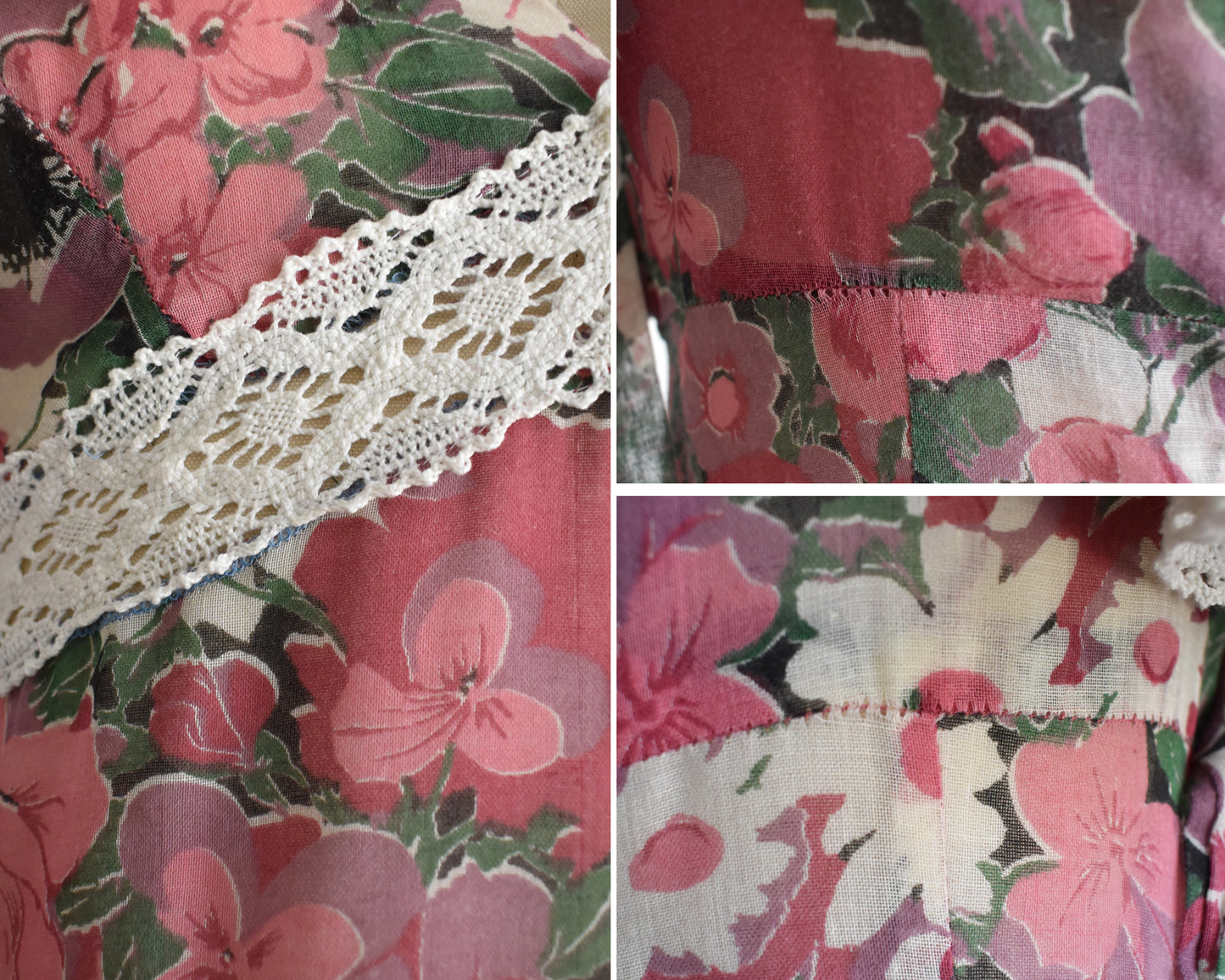 close up of small flaws which include visible inside blue threads, and some seam stressing along the waistline