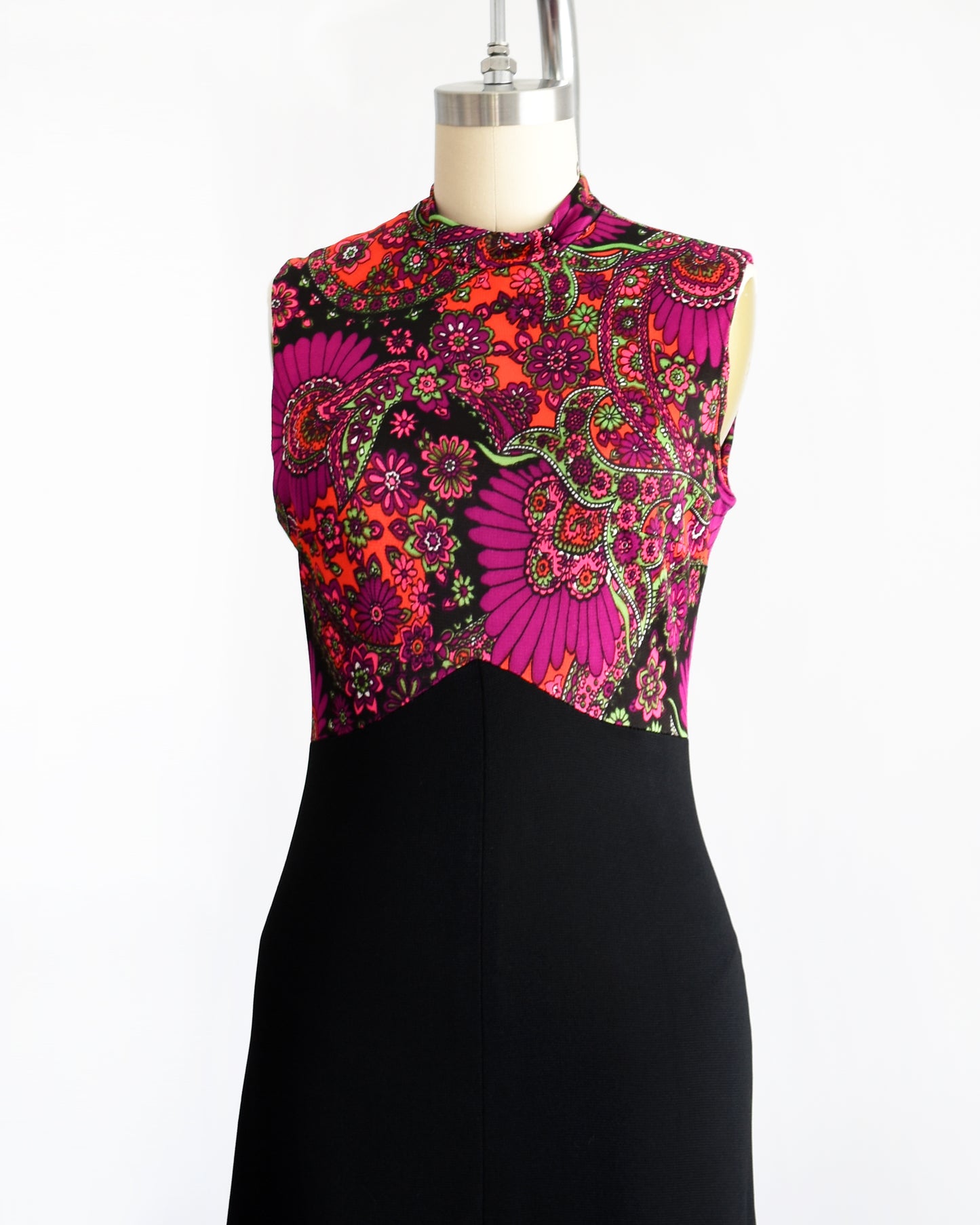 side front view of a vintage 1970s psychedelic maxi dress