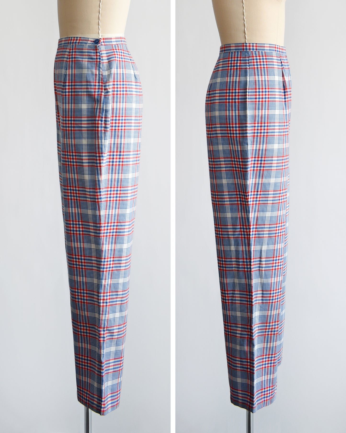 side by side views of the side of vintage 1970s red white and blue plaid pants on a dress form