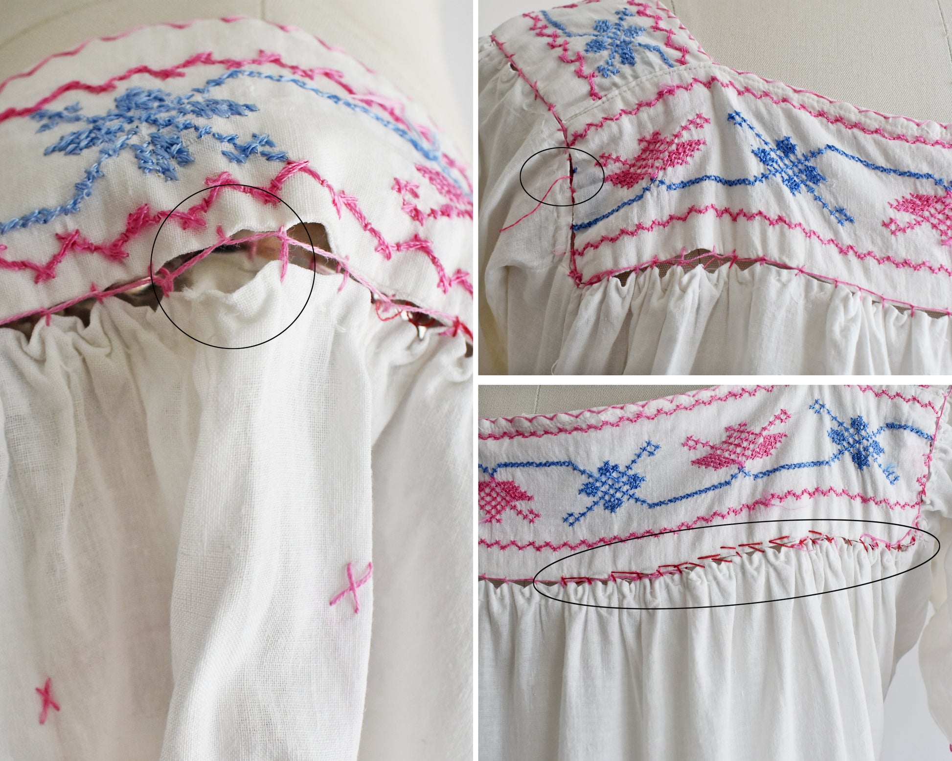 a photo collage showing small flaws in the blouse including two broke stitches and some visible mending with red threads