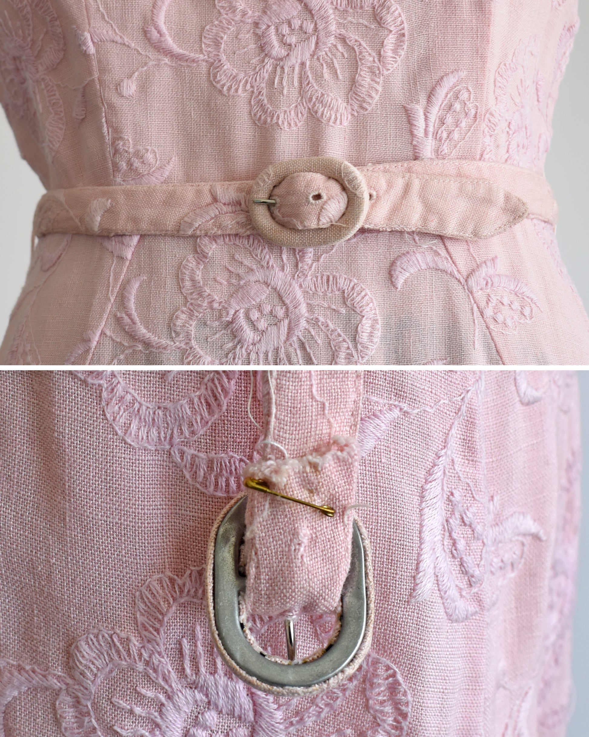 close up of the belt that has yellowed with age and has a safety pin back