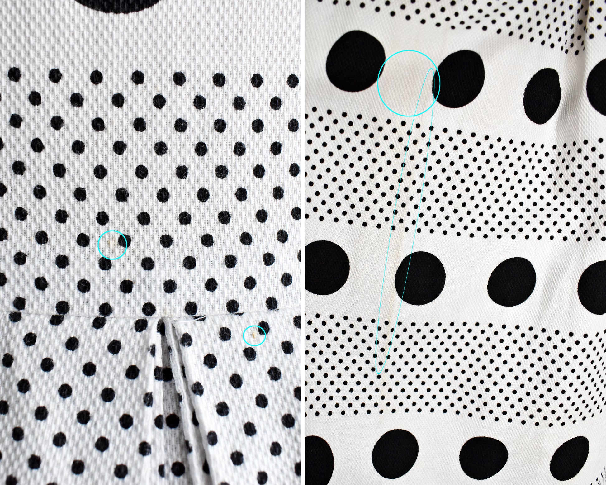 side by side photos of small flaws on the dress. The right shows two small orange spots that are circled in blue, and the left photo shows a few faint dark spots on the side of the skirt which are circled in blue