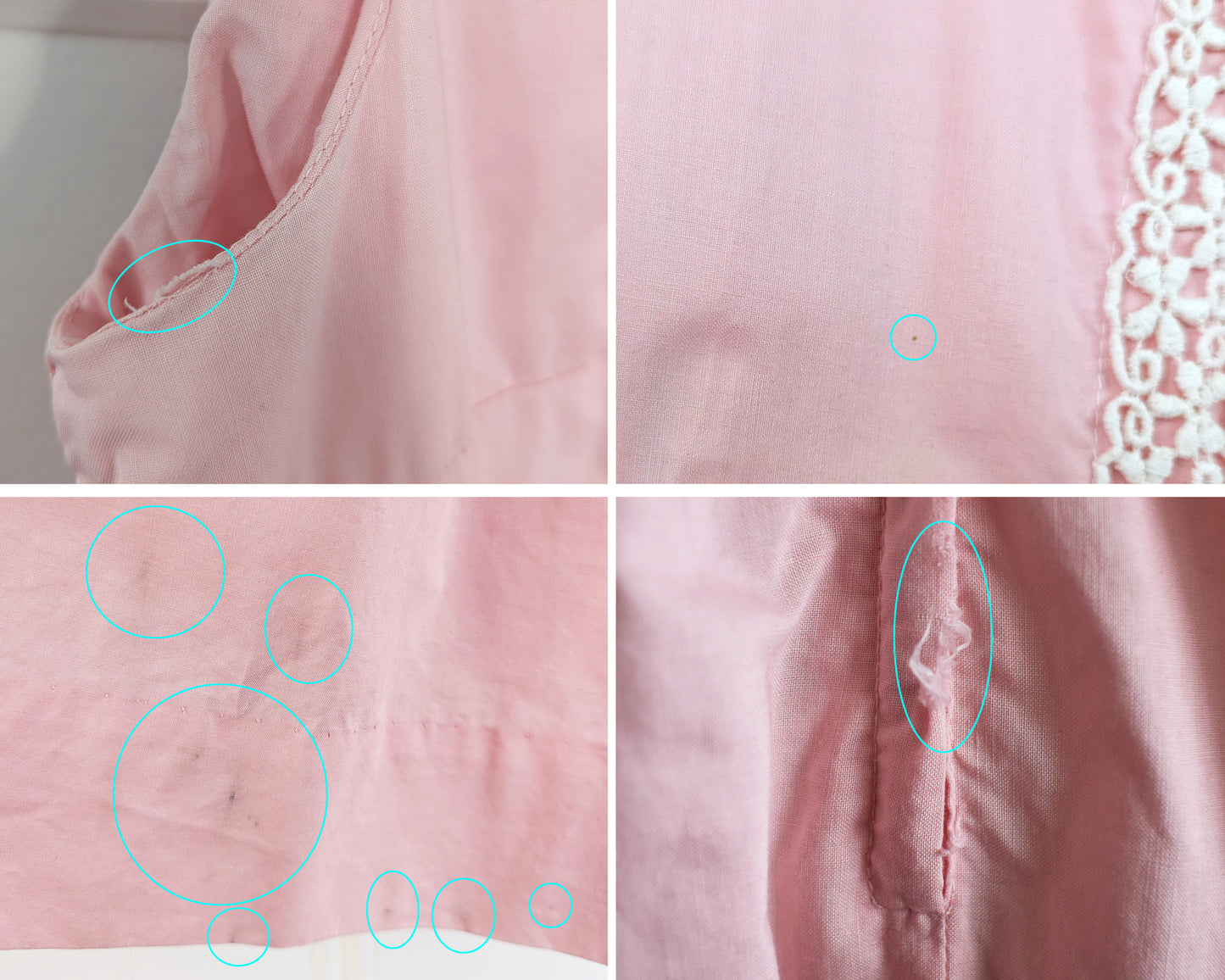 a photo collage of small flaws which included a fray on the right underarm, a small brown spot on the bodice, some dark marks on the back of the hem, and some fraying on the back zipper