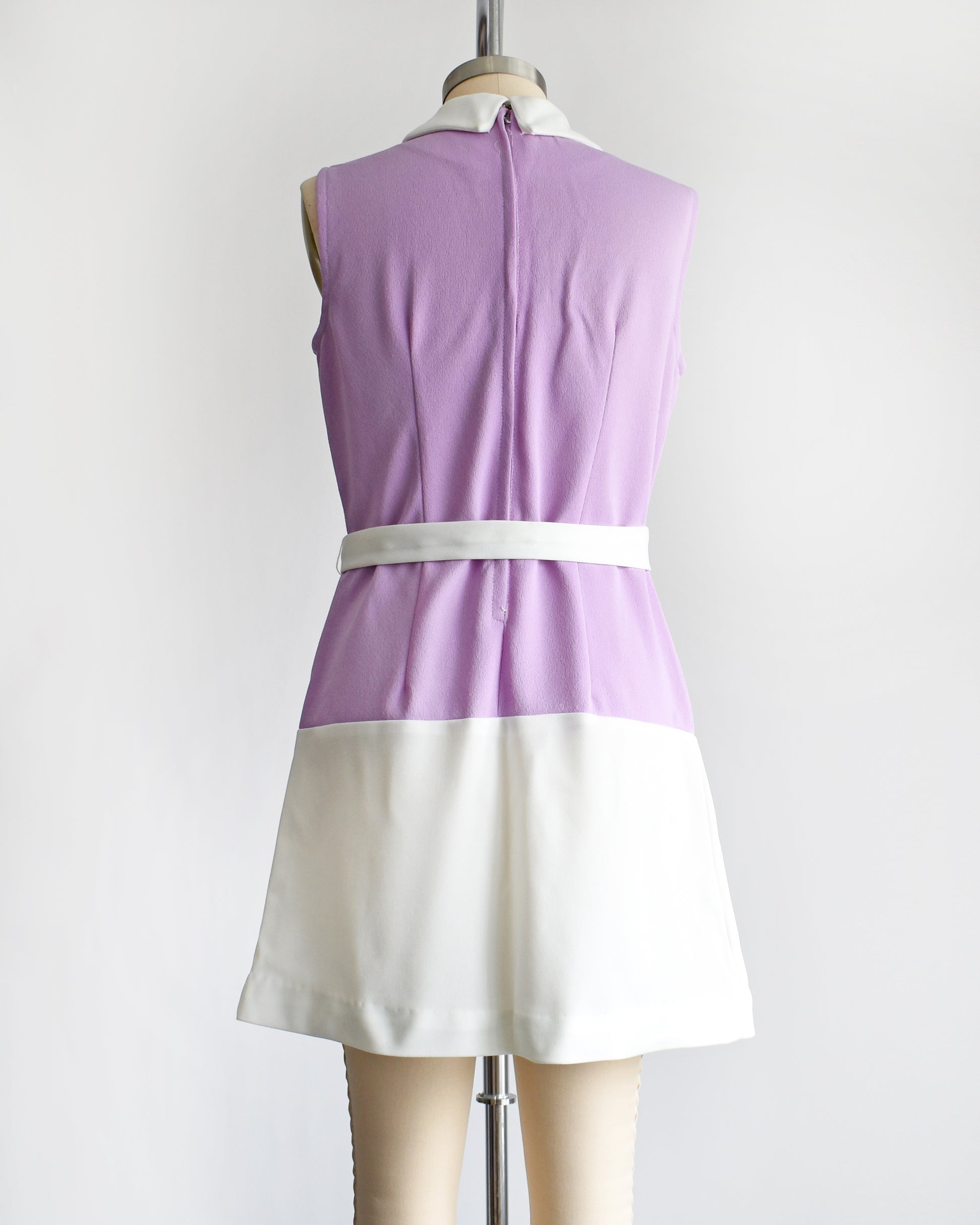 back view of a vintage 1960s purple and white mod mini dress with a white belt around the waist