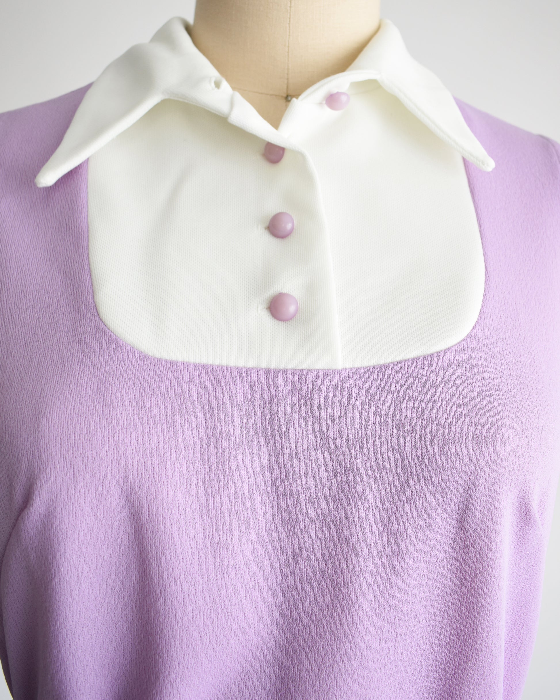 close up of the collar on the bodice with purple buttons