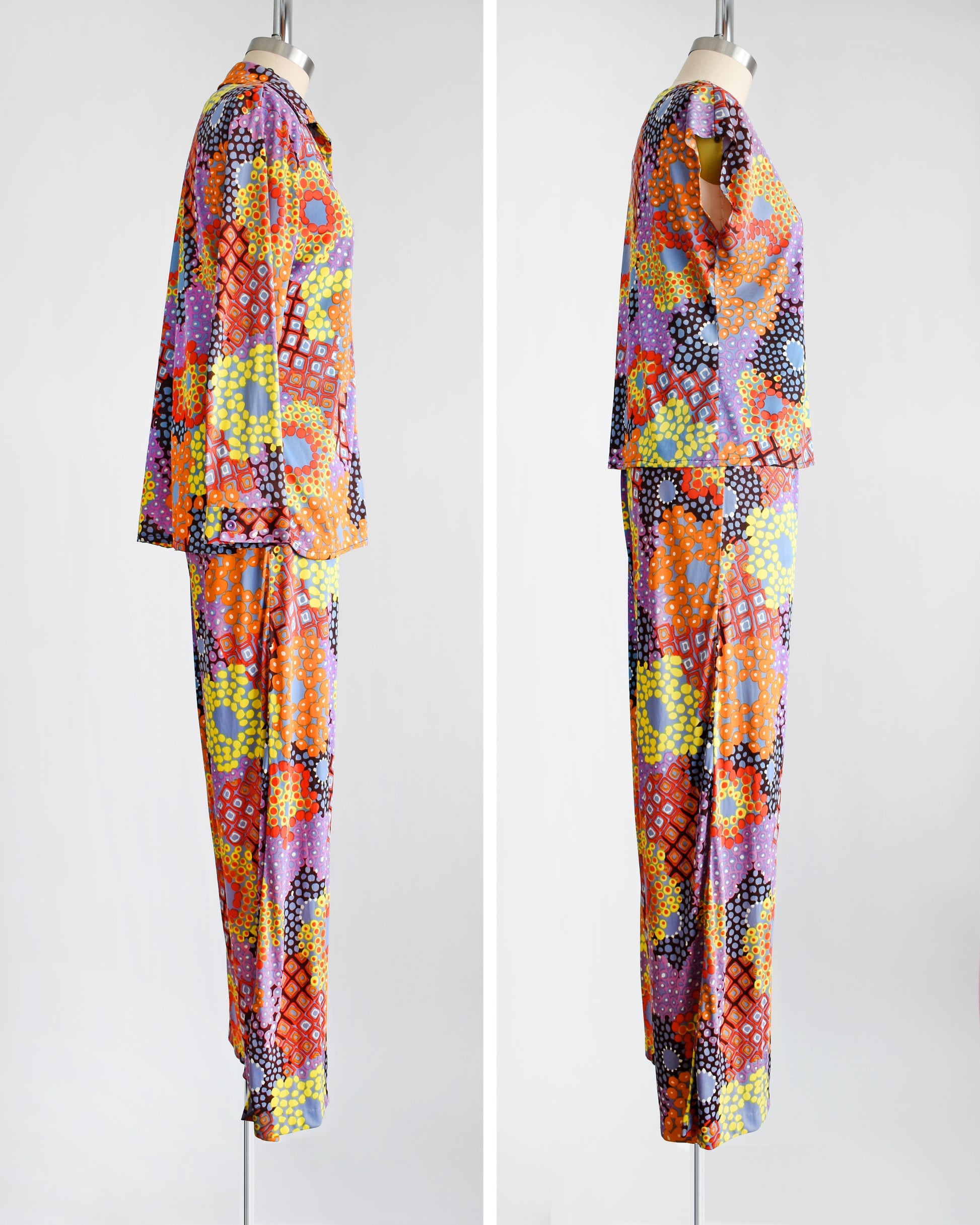 Side by side views of the side of a vibrant vintage 1970 mod floral pantsuit three piece set. The blouse is off on the right hand photo 
