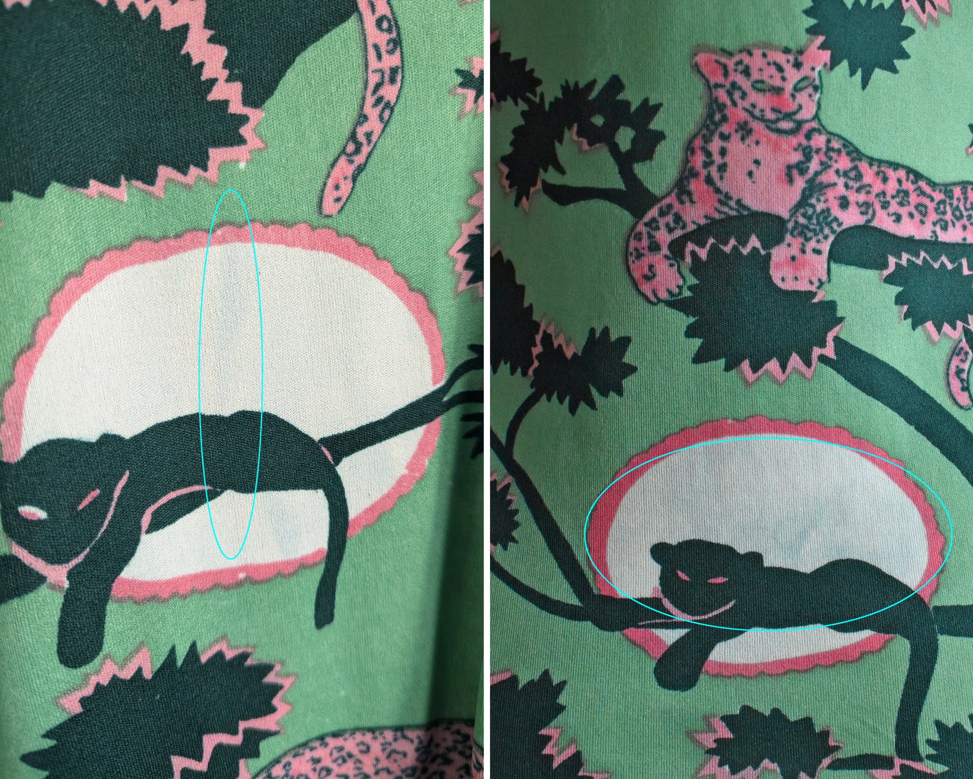 side by side views of some slight color bleed spots on the print. these spots are in circled in blue