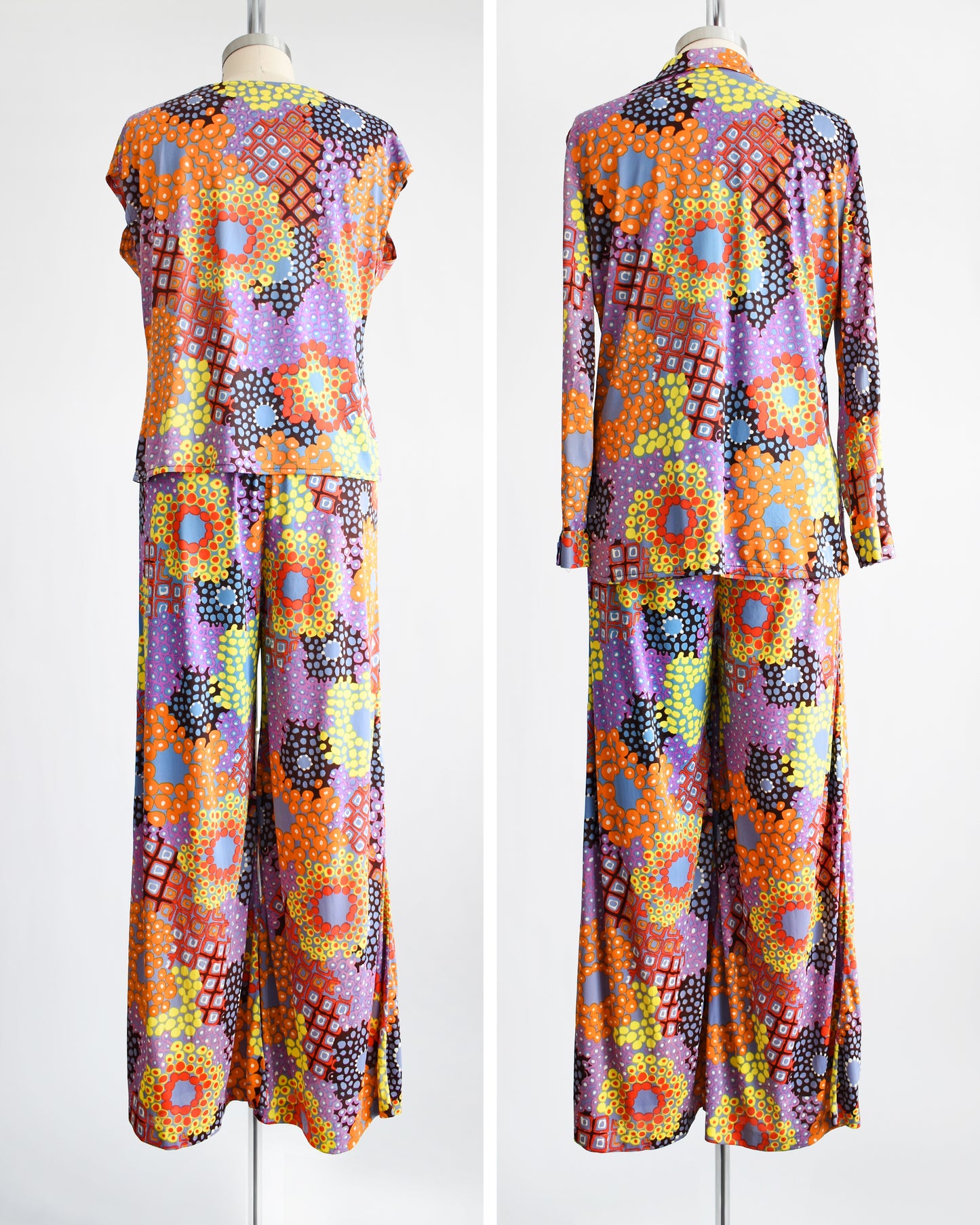Side by side back views of a vibrant vintage 1970 mod floral pantsuit three piece set. The left side shows the set without the long sleeve blouse