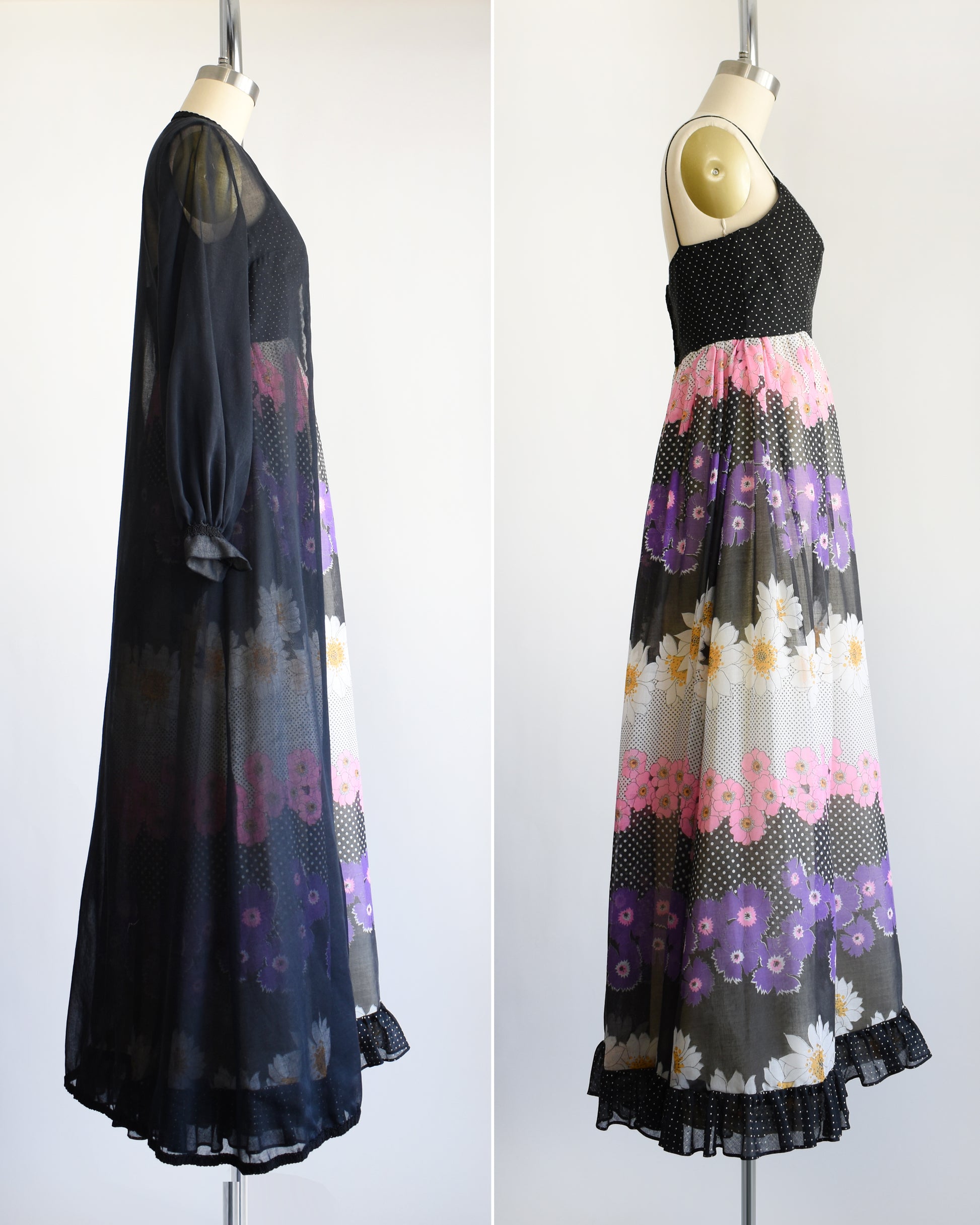 side by side with a vintage 1970s black floral dress with black duster (on left) on a mannequin against a white background