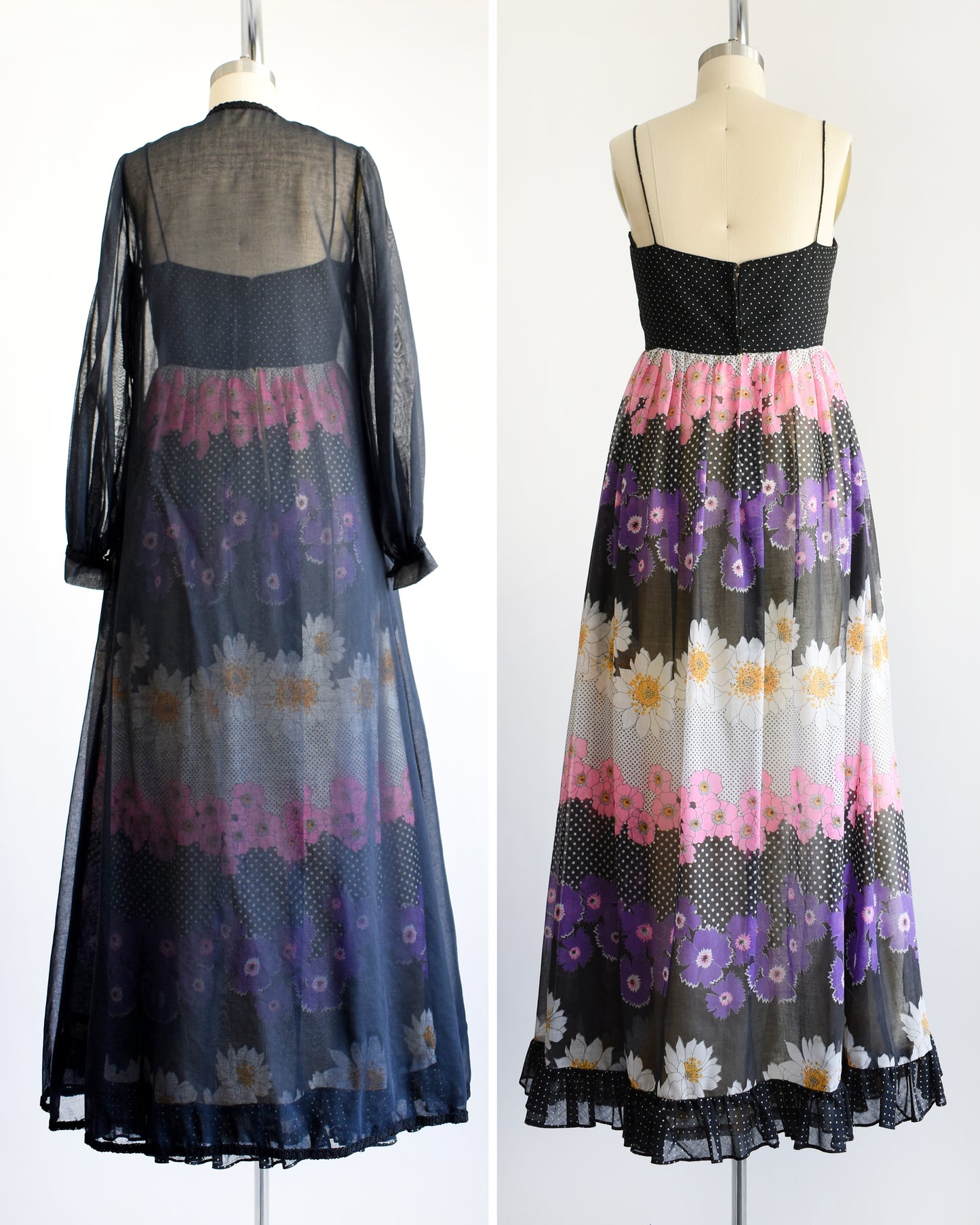 side by side back view of a vintage 1970s black floral dress with black duster (seen on left side) on a mannequin against a white background