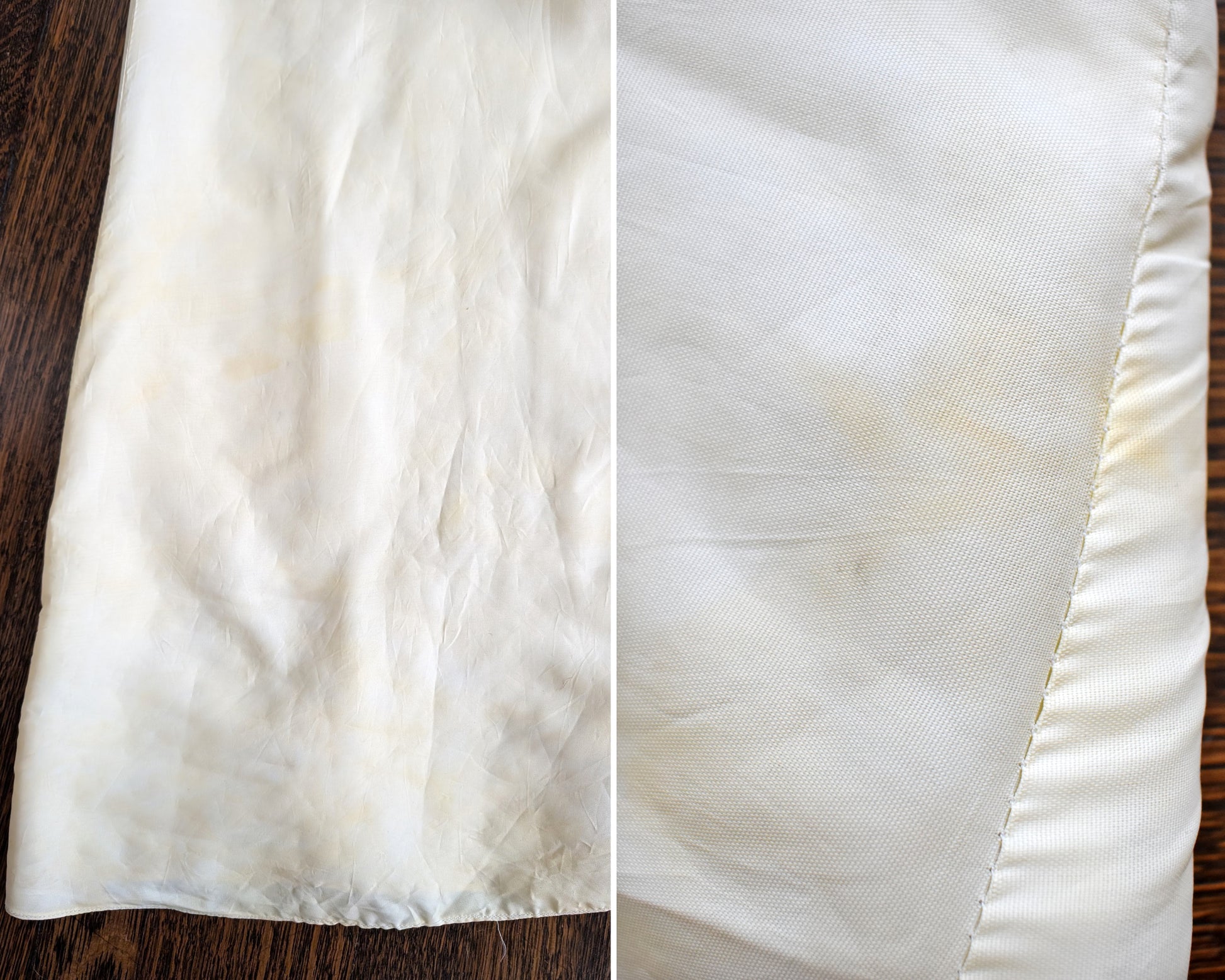 side by side view of discolored yellowing on the inside of the lining