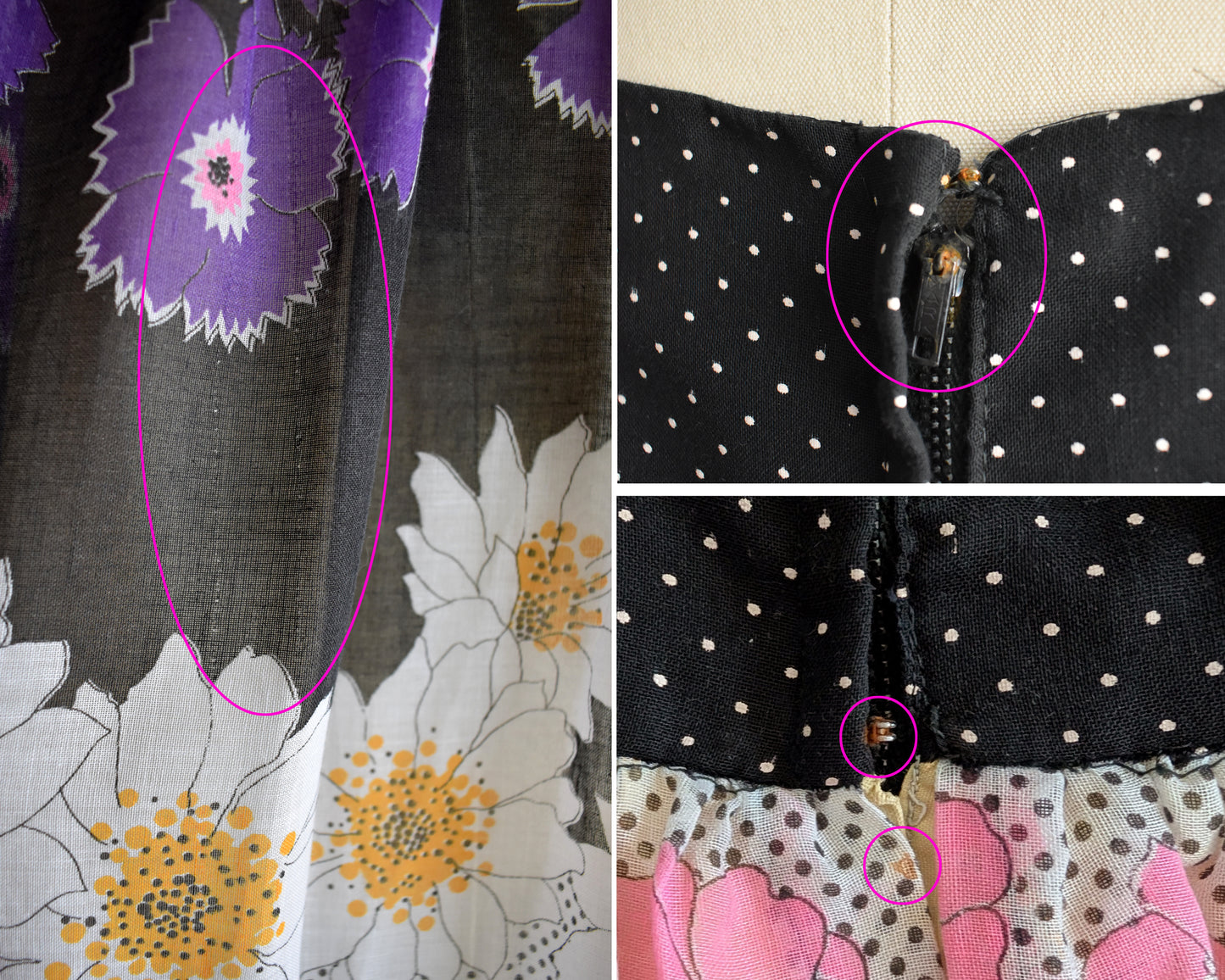 a collage showing small flaws on the dress showing a few runs in the fabric and some rusting on the zipper and skirt