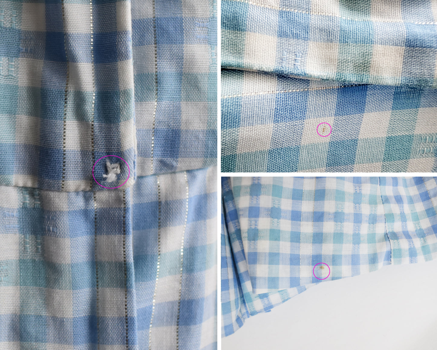 a photo collage showing small flaws which include some visible stitching for the waist snap, a small mark on the back shoulder, and another on the hem of the dress