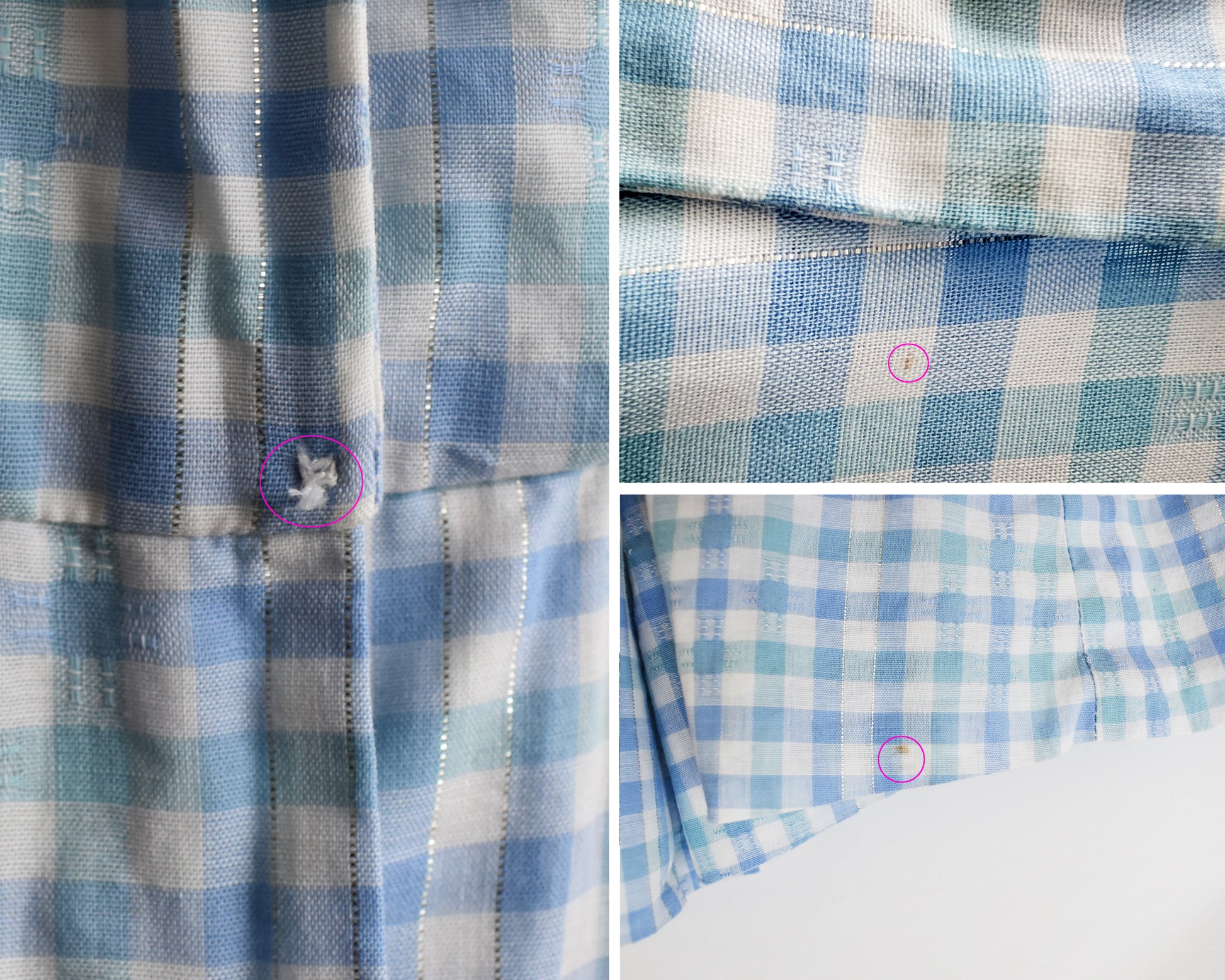 a photo collage showing small flaws which include some visible stitching for the waist snap, a small mark on the back shoulder, and another on the hem of the dress