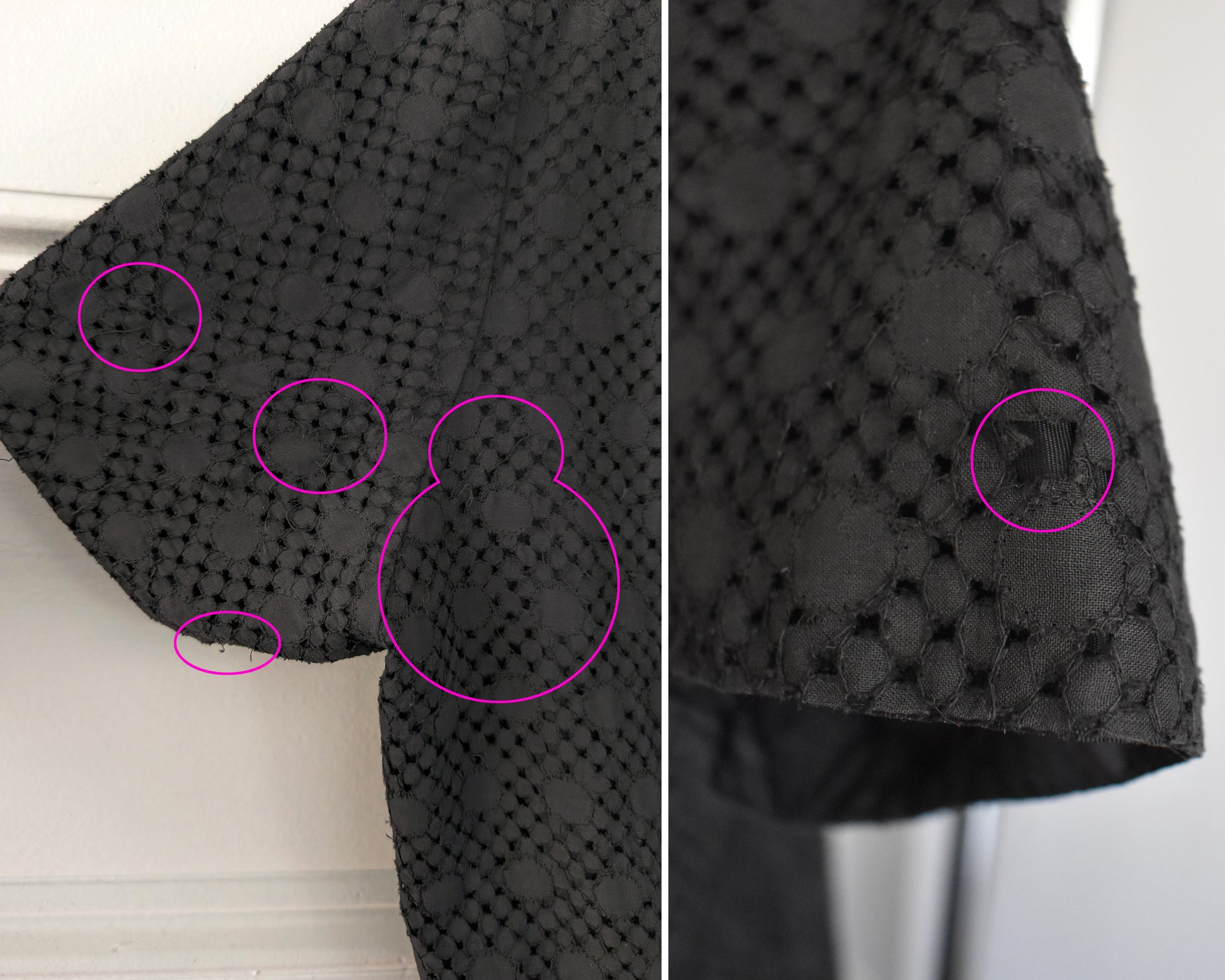side by side views of small flaws which shows breaks in the embroidery and a small hole on the sleeve