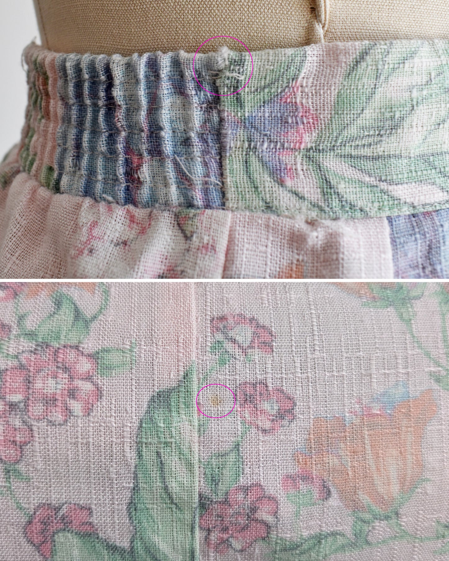 a photo collage showing small flaws which include a slight fray on the waistband and faint mark on the back