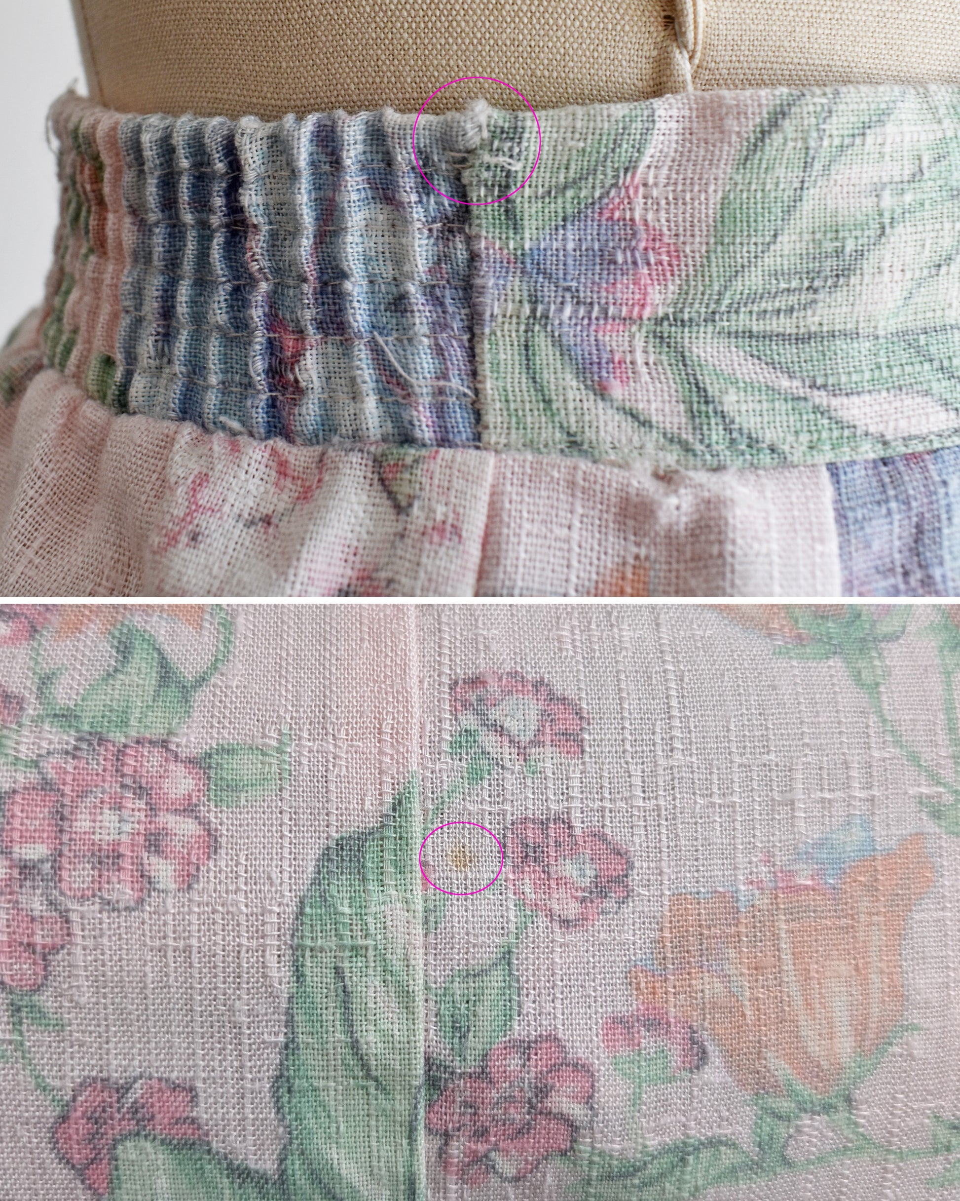 a photo collage showing small flaws which include a slight fray on the waistband and faint mark on the back