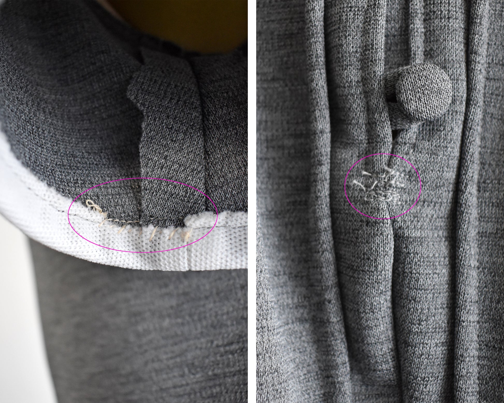 side by side of some small repairs on the dress: one in the inside sleeve, and one on the front under the bottom button