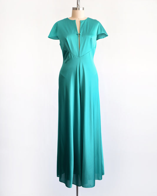 a vintage 1970s teal palazzo jumpsuit by Vanity Fair