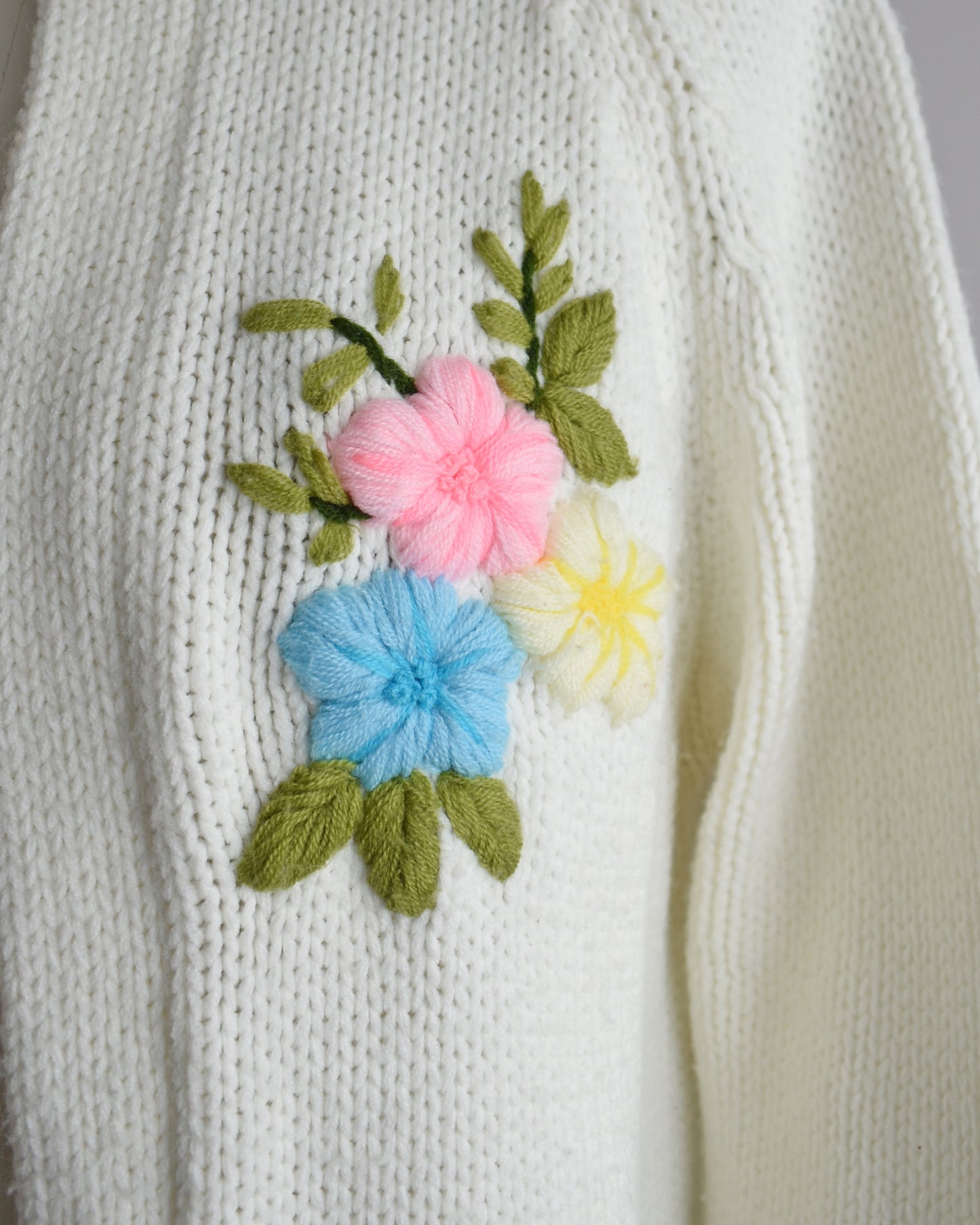 close up the floral embroidery on the cardigan