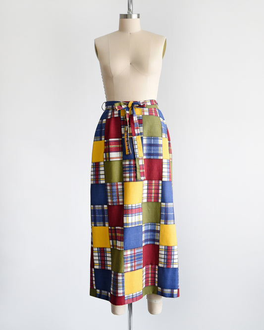 a vintage 1970s patchwork madras plaid maxi skirt with matching tie belt