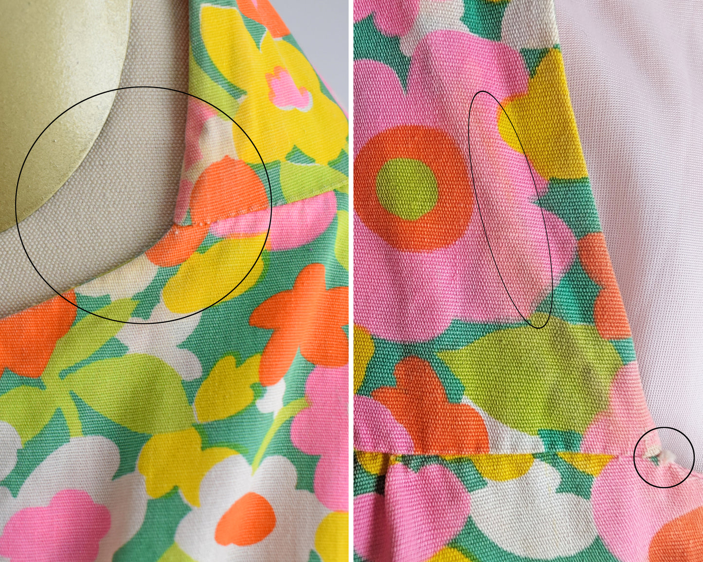 a photo collage showing small flaws which include underarm yellowing and some frayed seam