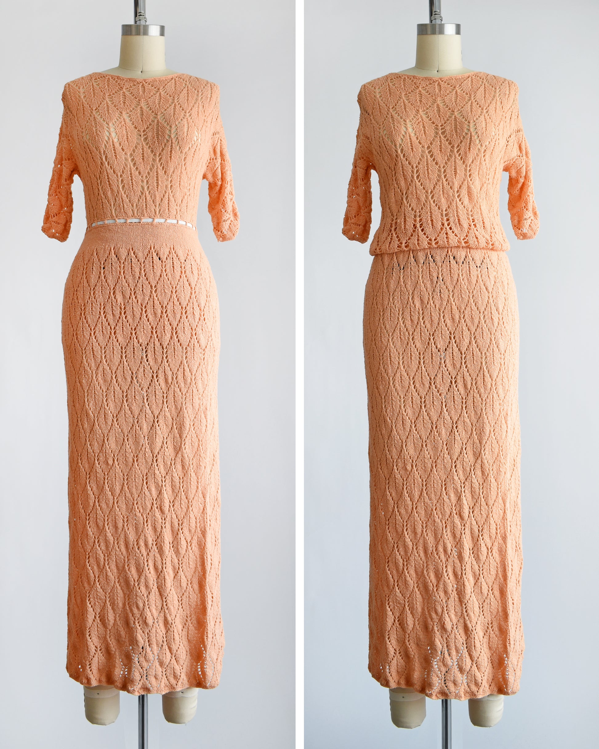 side by side view of a vintage 60s peach pointelle knit sweater set which includes a matching sweater and maxi skirt. Both photos show the sweater tucked into the skirt in various ways.