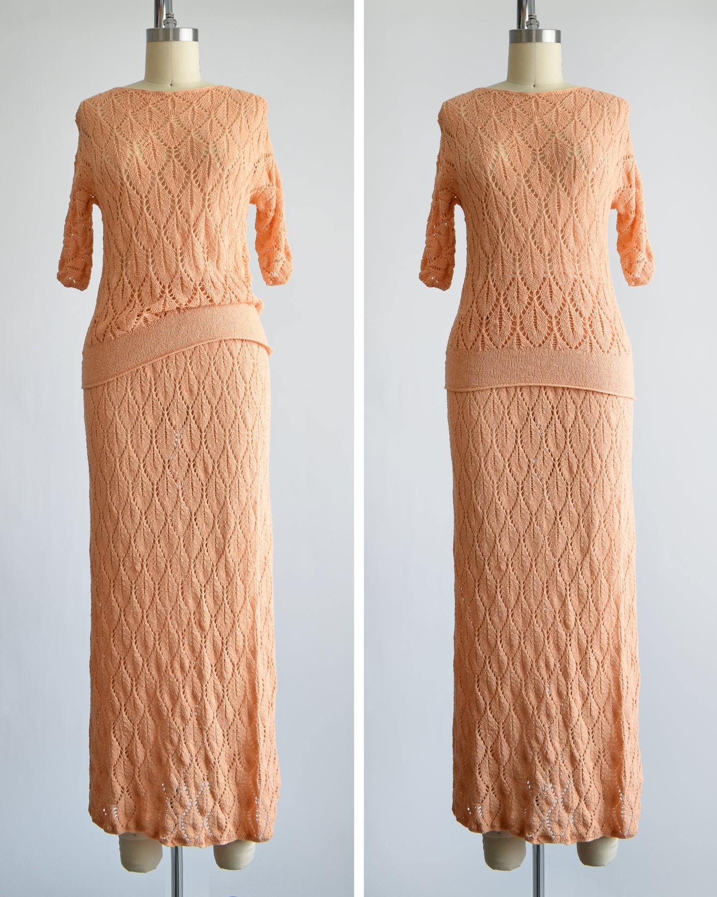 side by side views of a vintage 60s peach pointelle knit sweater set which includes a matching sweater and maxi skirt. The set is shown with the sweater untucked in various ways.