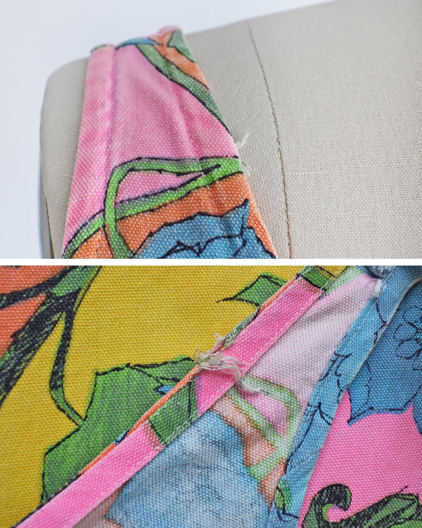 a photo collage showing a small fray on the right shoulder, along with some slight fading