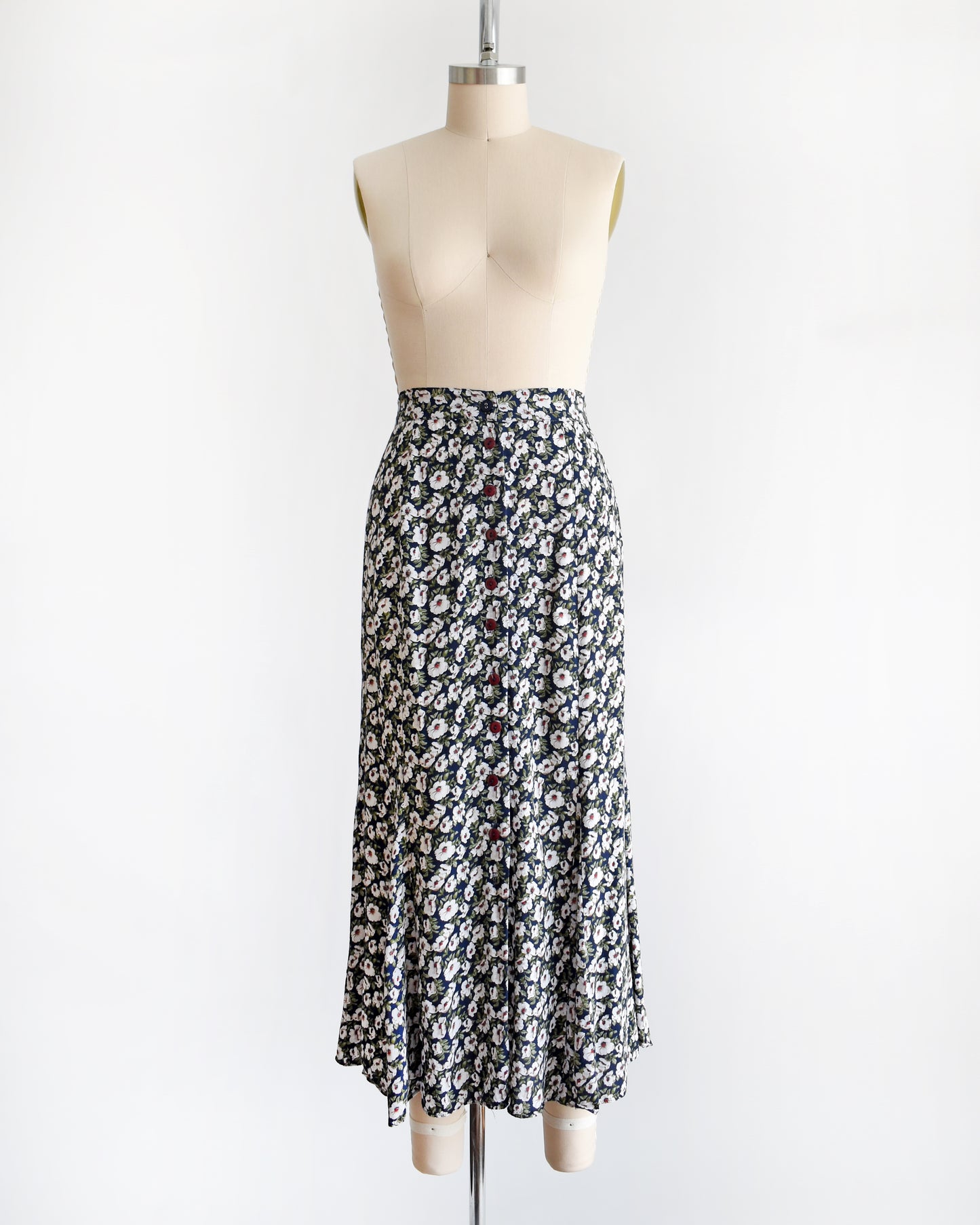 Vintage 1990s Navy & White Floral Maxi Skirt | medium/medium large