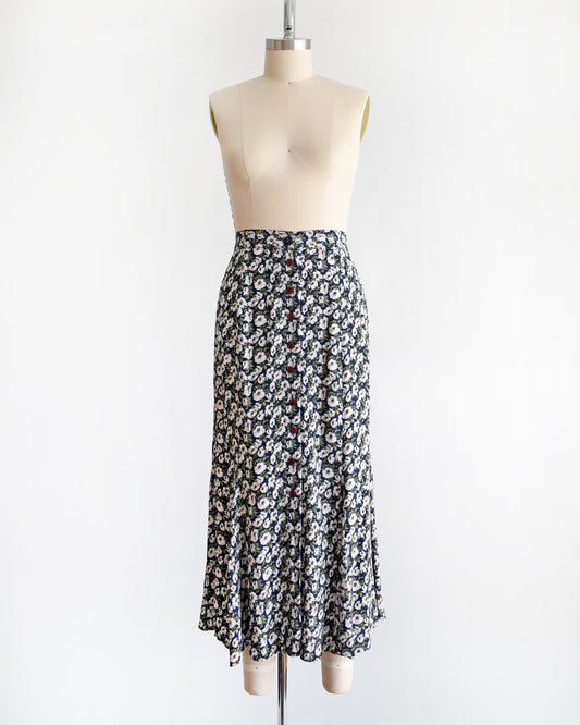 Vintage 1990s Navy & White Floral Maxi Skirt | medium/medium large