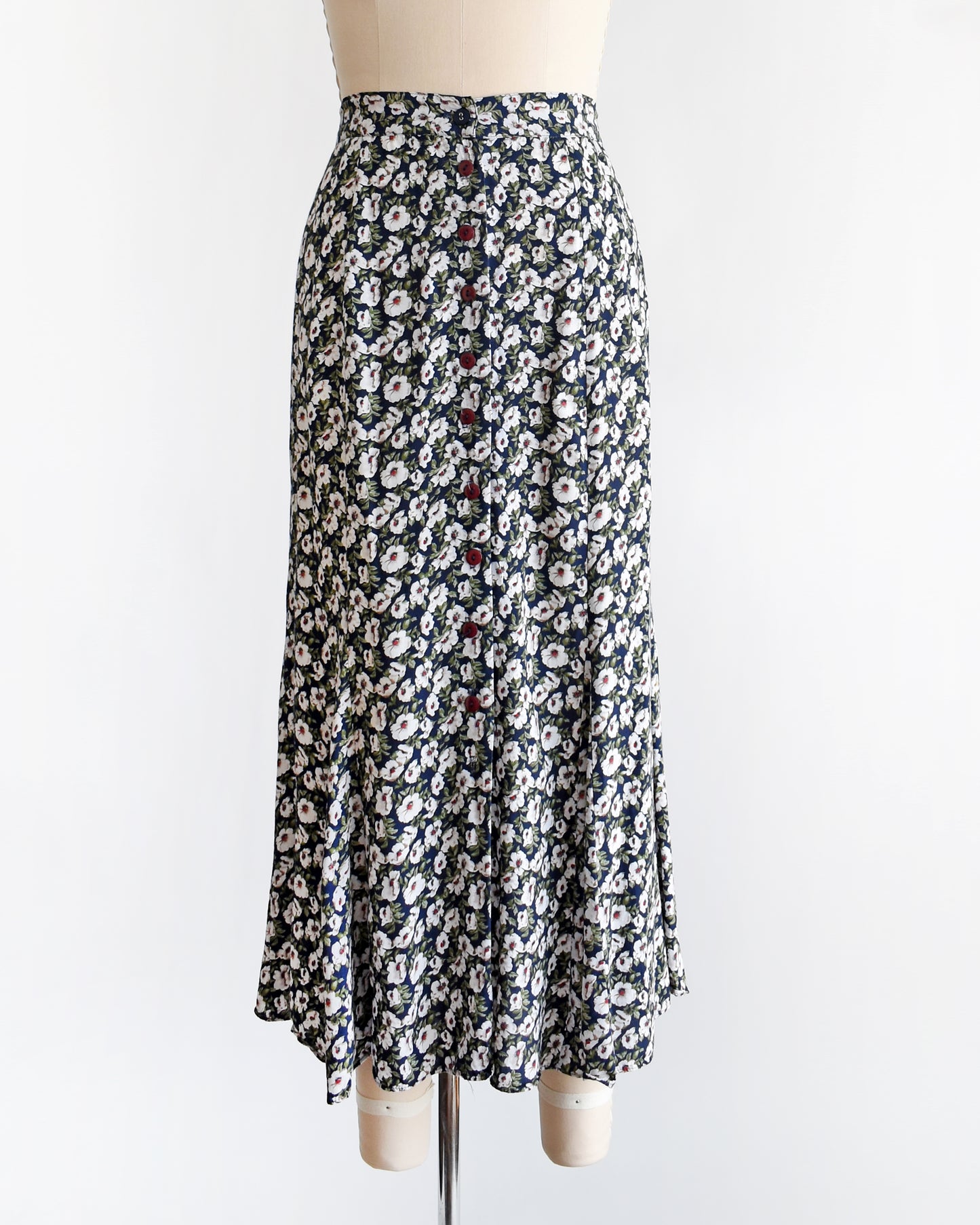 Vintage 1990s Navy & White Floral Maxi Skirt | medium/medium large