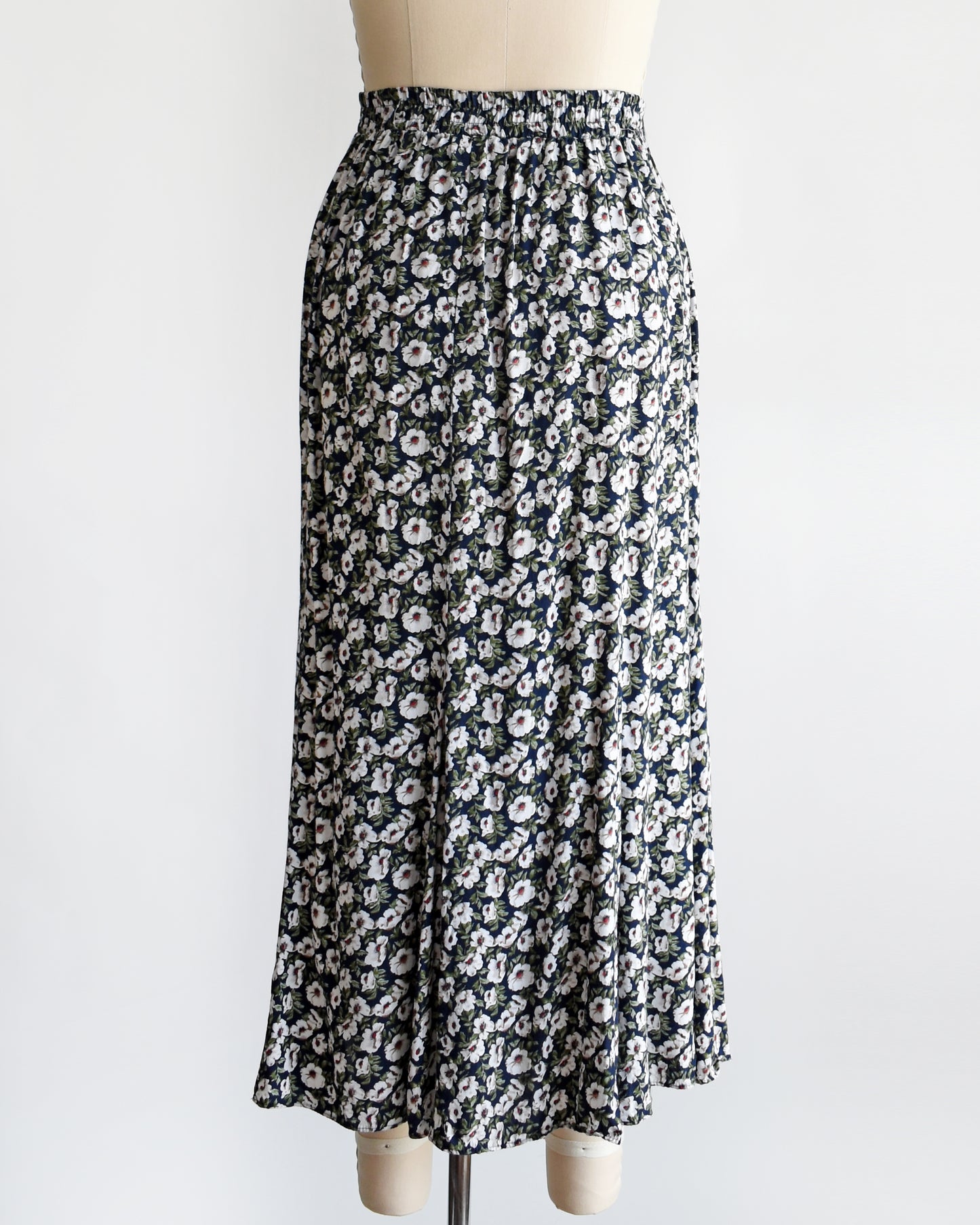 Vintage 1990s Navy & White Floral Maxi Skirt | medium/medium large