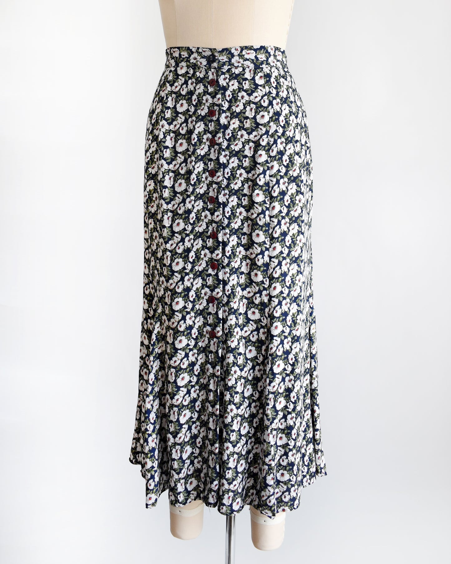 Vintage 1990s Navy & White Floral Maxi Skirt | medium/medium large