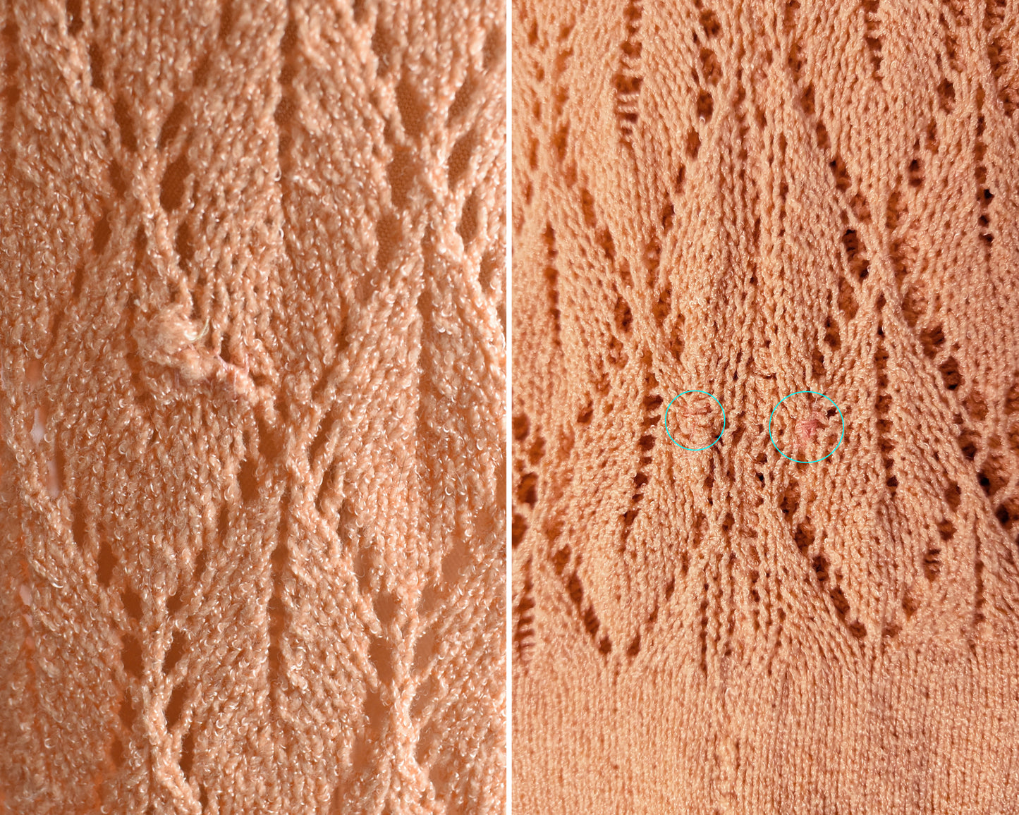 close up of a mended spot on the side of the skirt on the left and a few small mends on the side of the top on the right photo