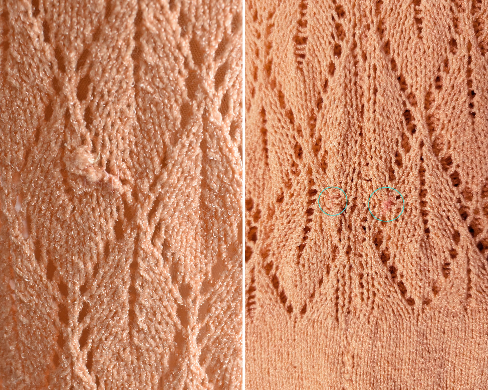 close up of a mended spot on the side of the skirt on the left and a few small mends on the side of the top on the right photo