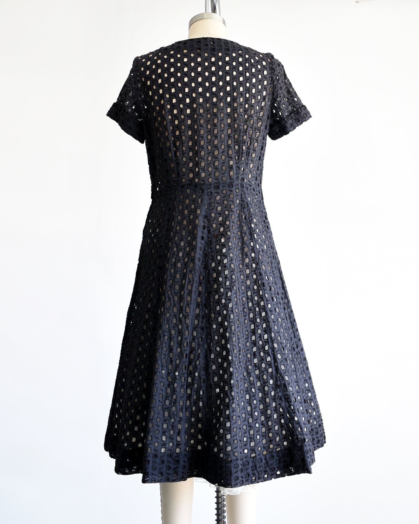 back view of a vintage 1905s black eyelet dress 