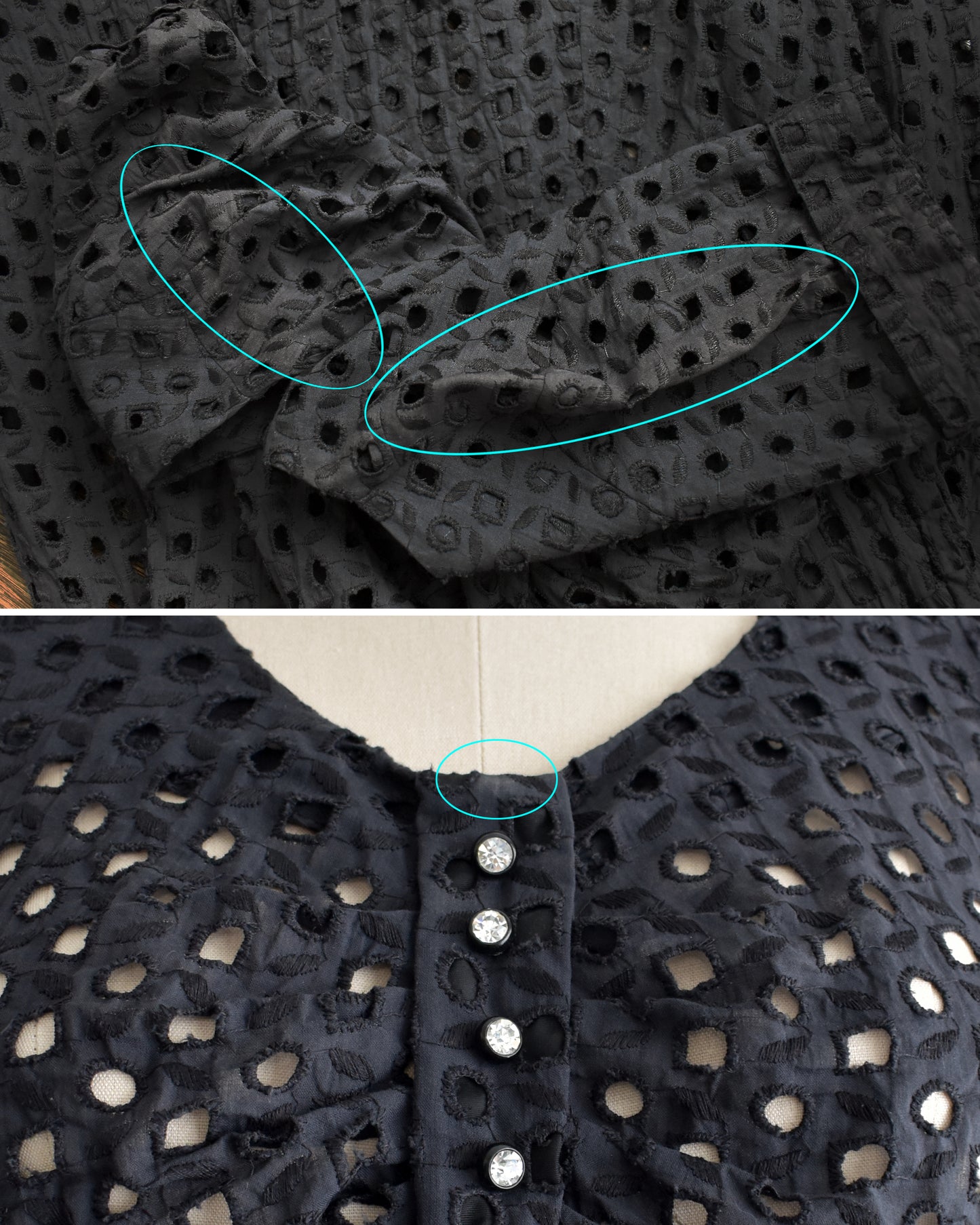 a photo collage of small flaws which included some faded shoulders and a faded spot on the neckline