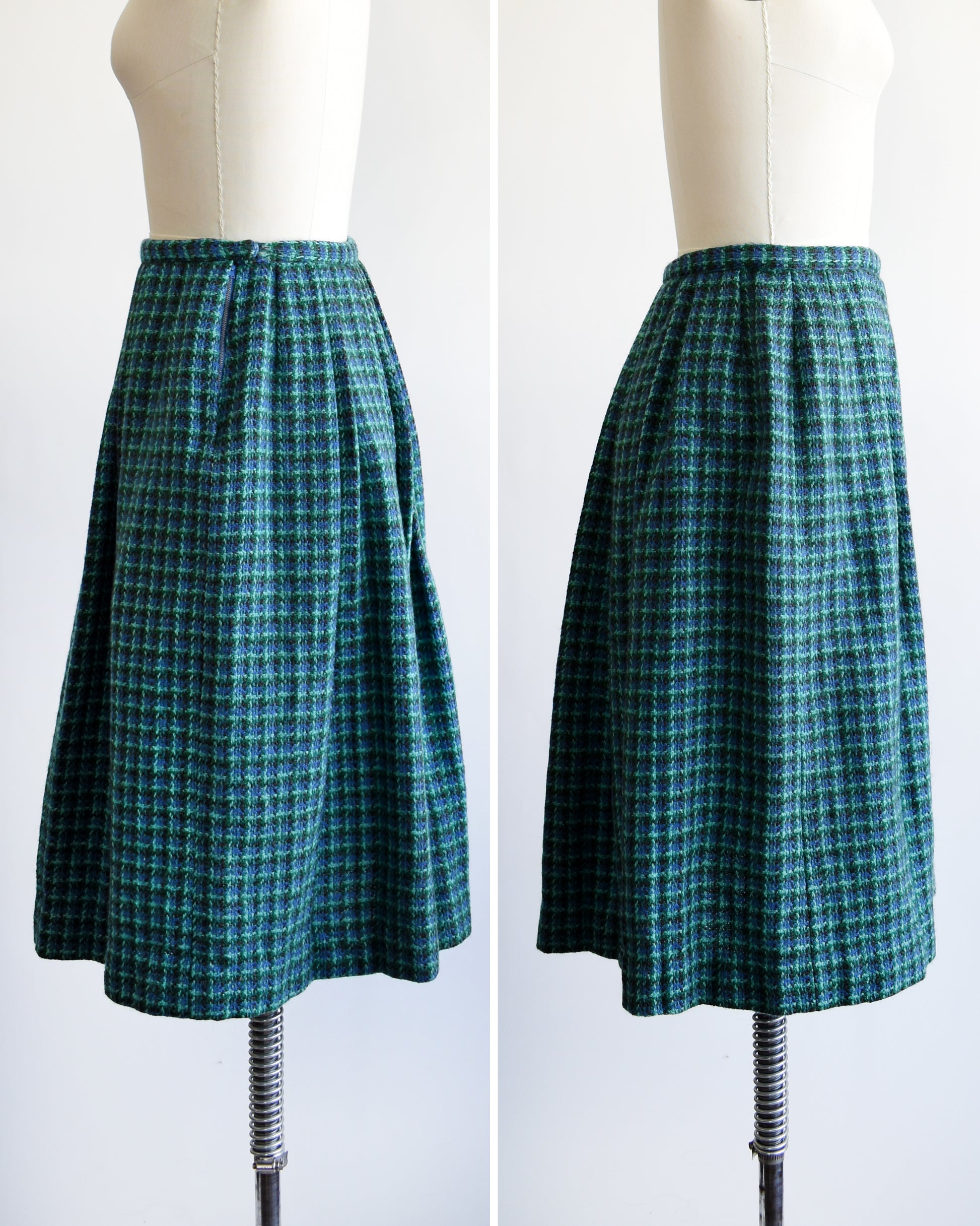 side by side view of a vintage 1950s/1960s blue and green plaid skirt on a mannequin against a white background