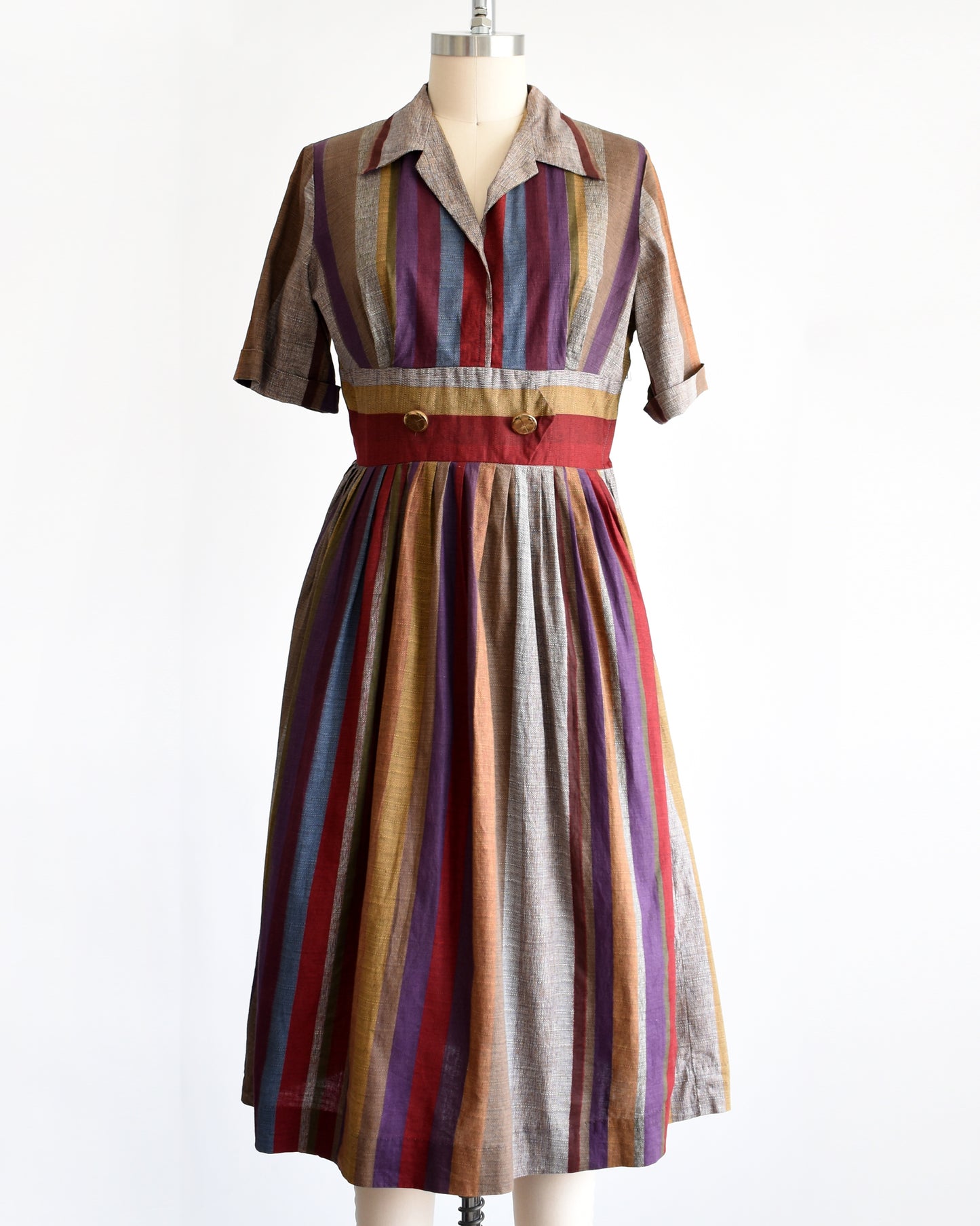 Vintage 1950s Jewel Tone Striped Dress | medium