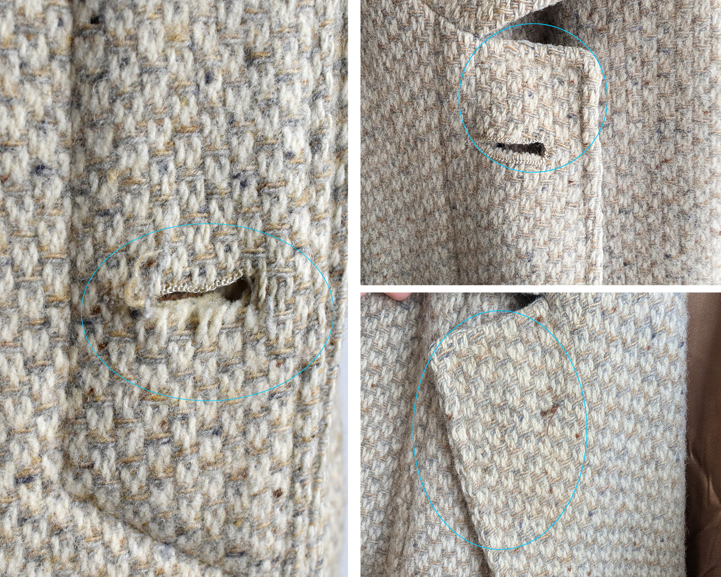 a photo collage of small flaws including a a frayed button hole, and some yellowing on the inside of the collar