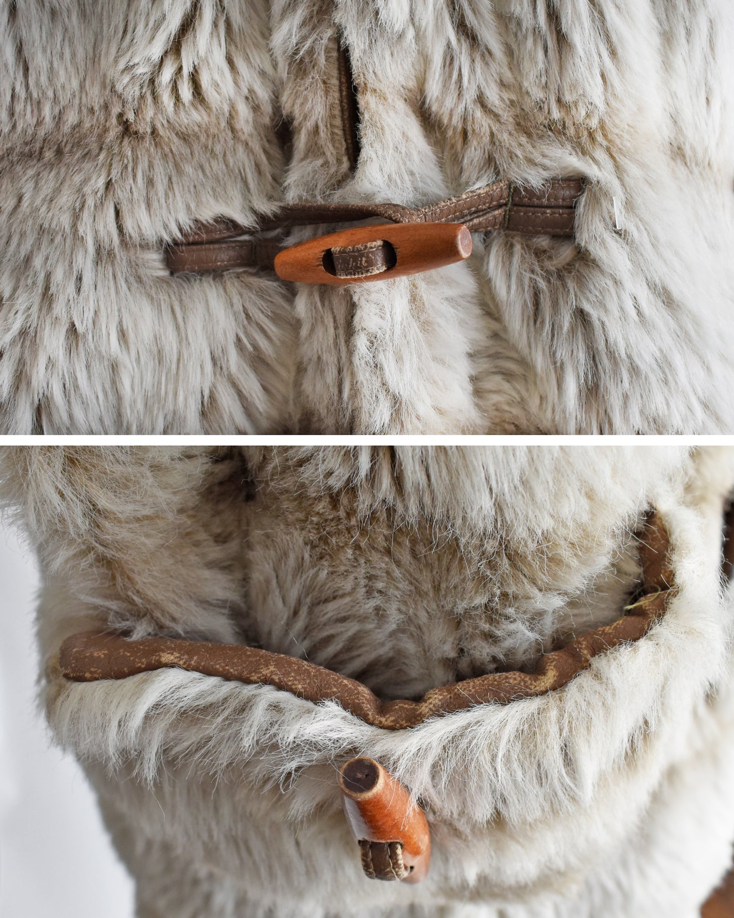 side by side close up view up of the wear on the faux leather on the coat