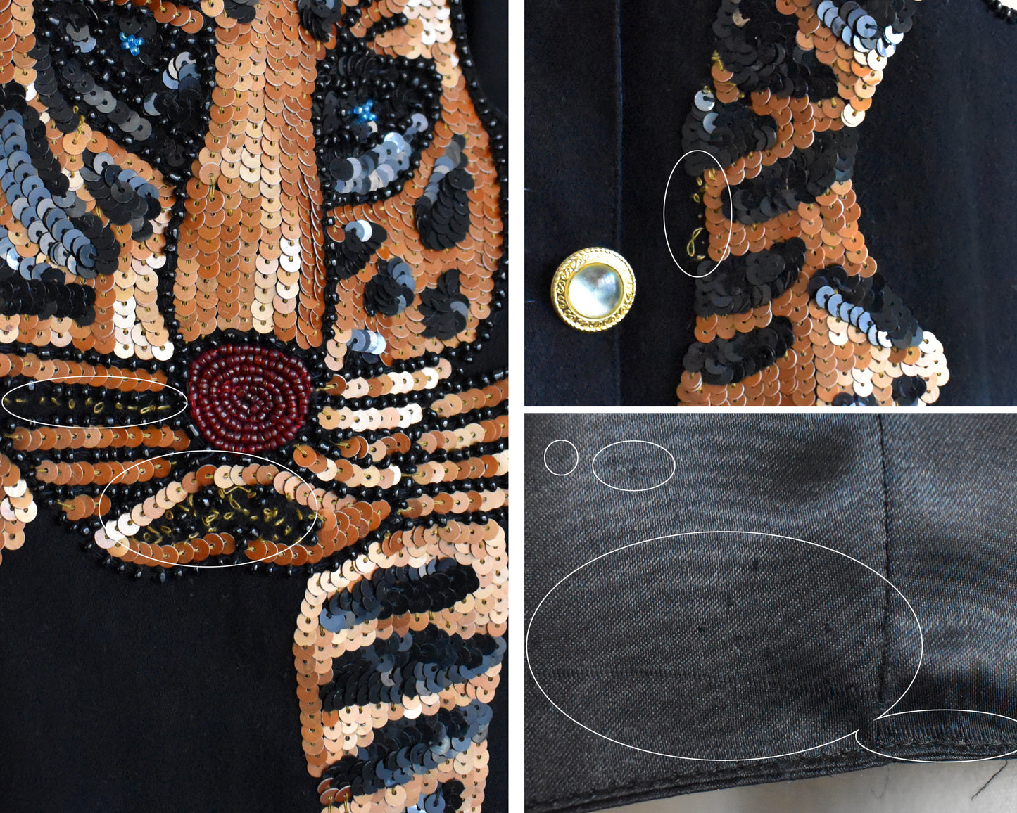 a photo collage showing small flaws on the vest, which is missing sequins and small runs in the fabric