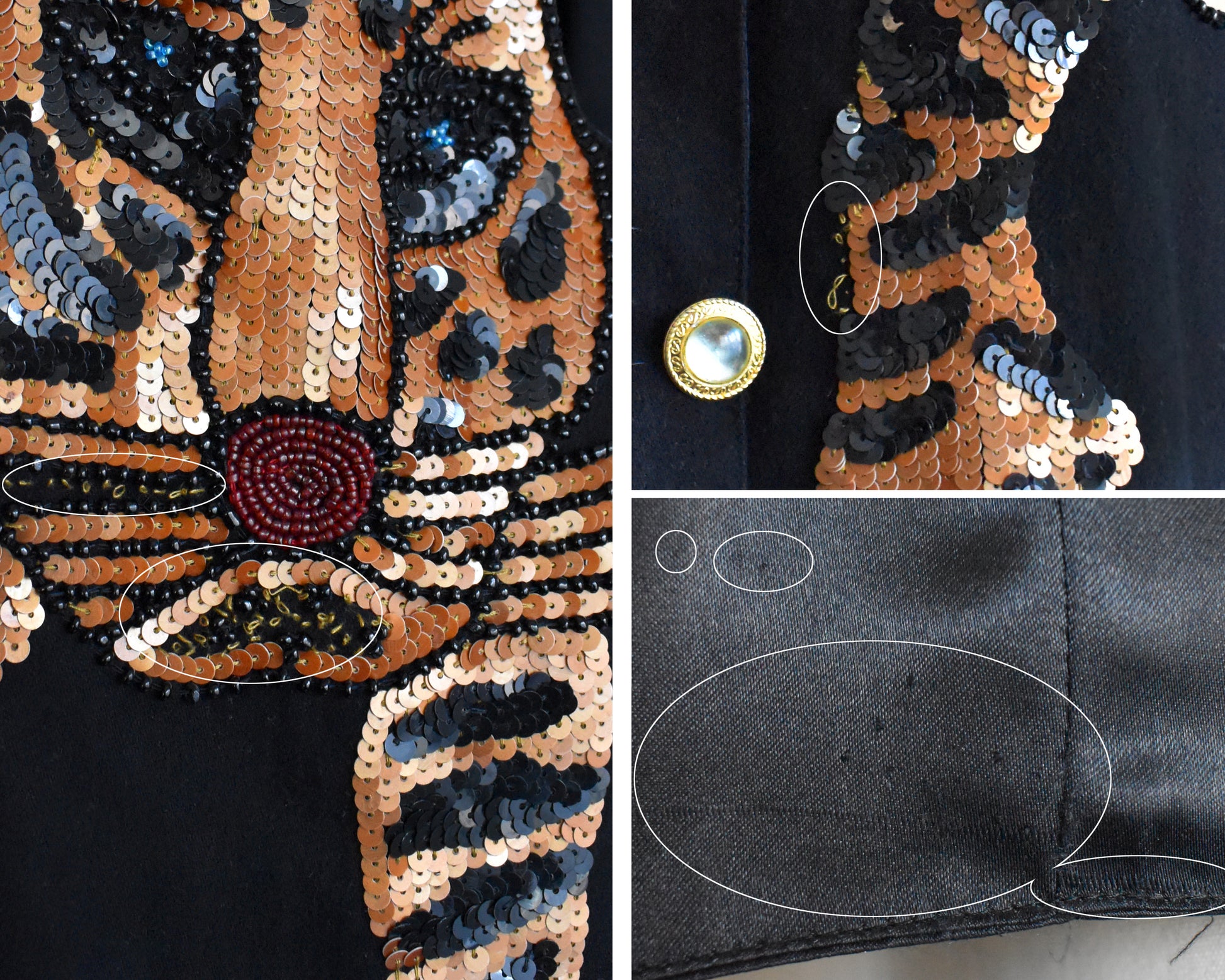 a photo collage showing small flaws on the vest, which is missing sequins and small runs in the fabric