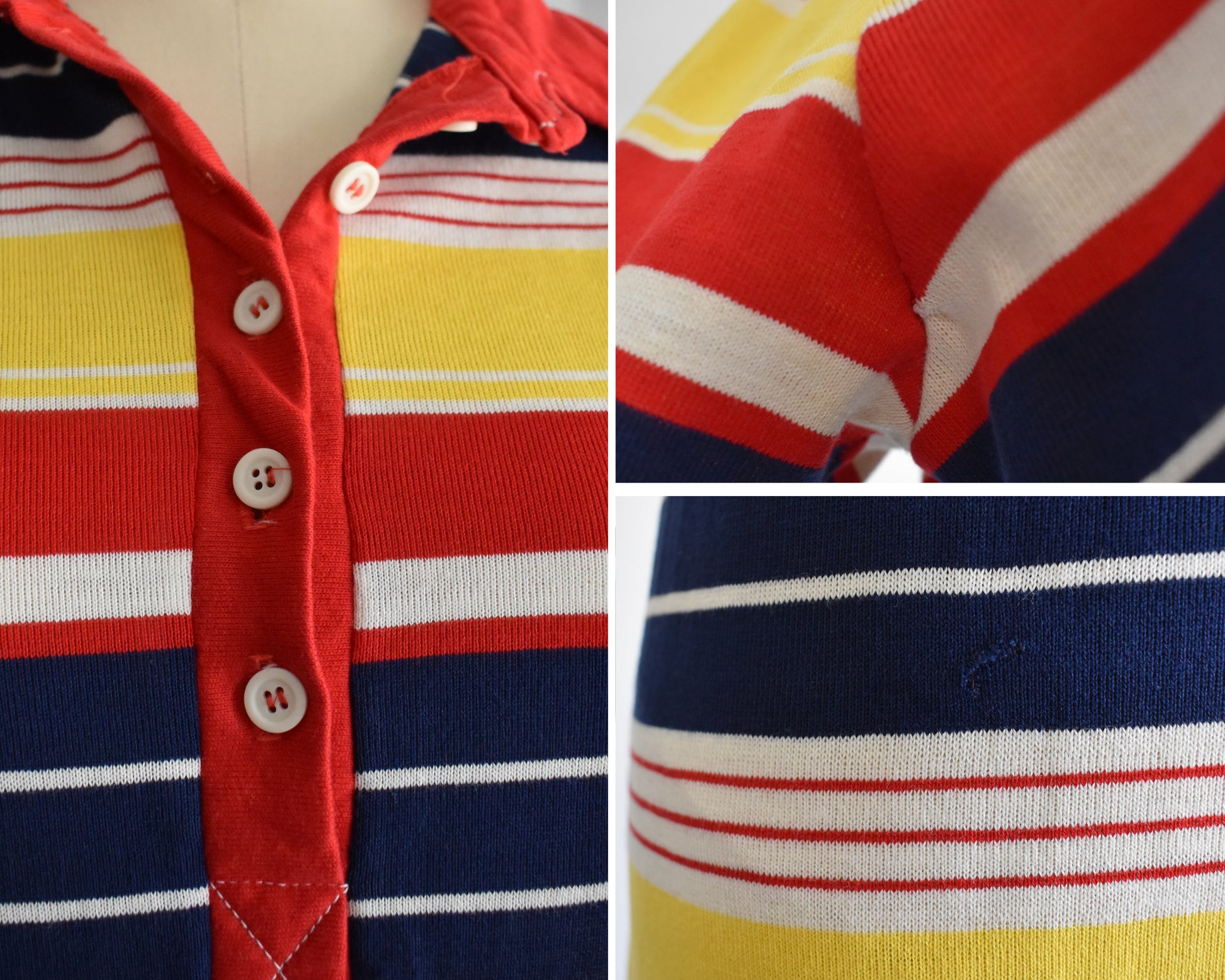 a photo collage of some flaws which include in the left photo the red winkled trim, some missing threads on the buttons. the top right shows an underarm mend and the right shows a mend on the front of the dress.